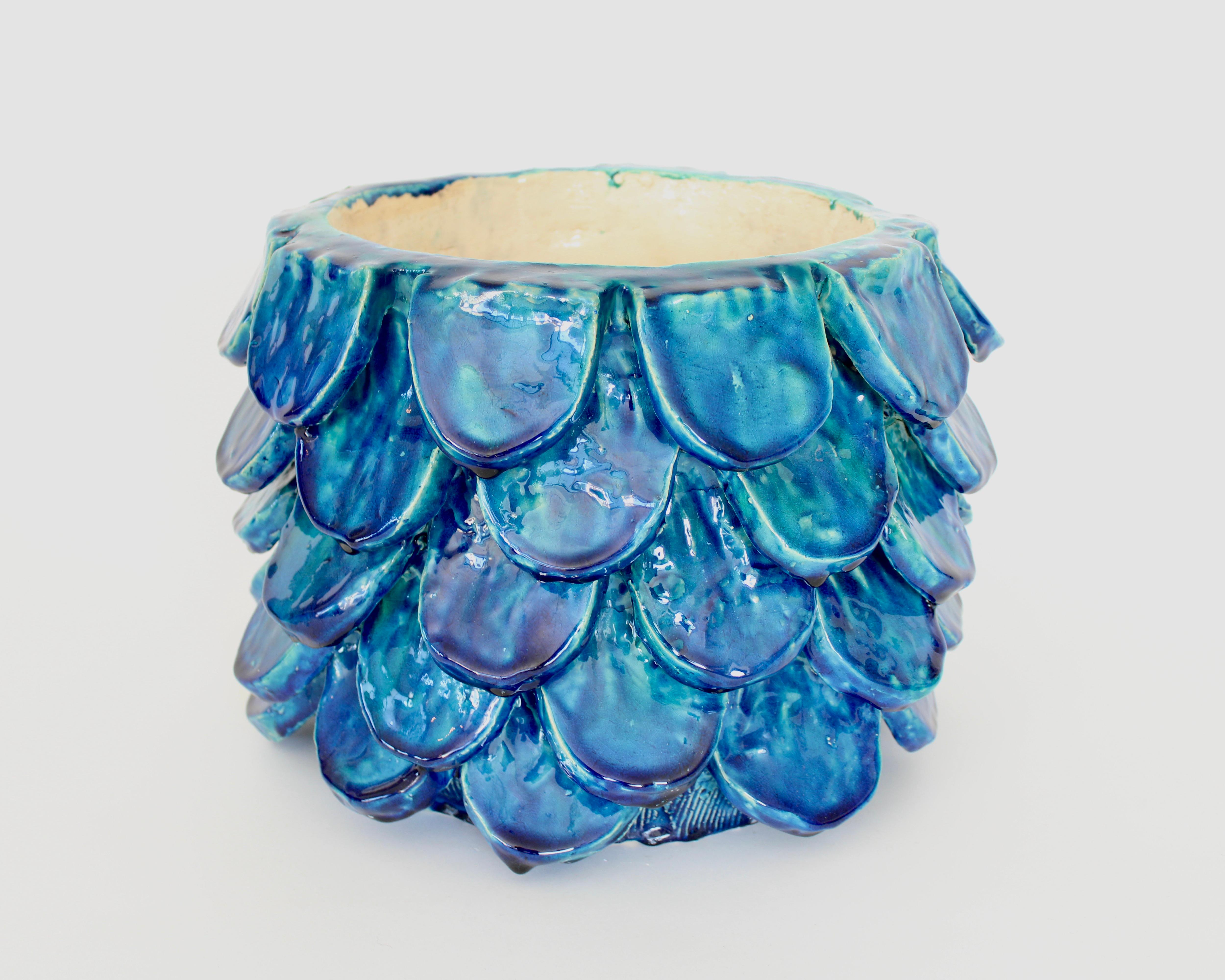 Bela Silva Sculptural Contemporary Floral Motif Blue Ceramic Vase, circa 2020 1