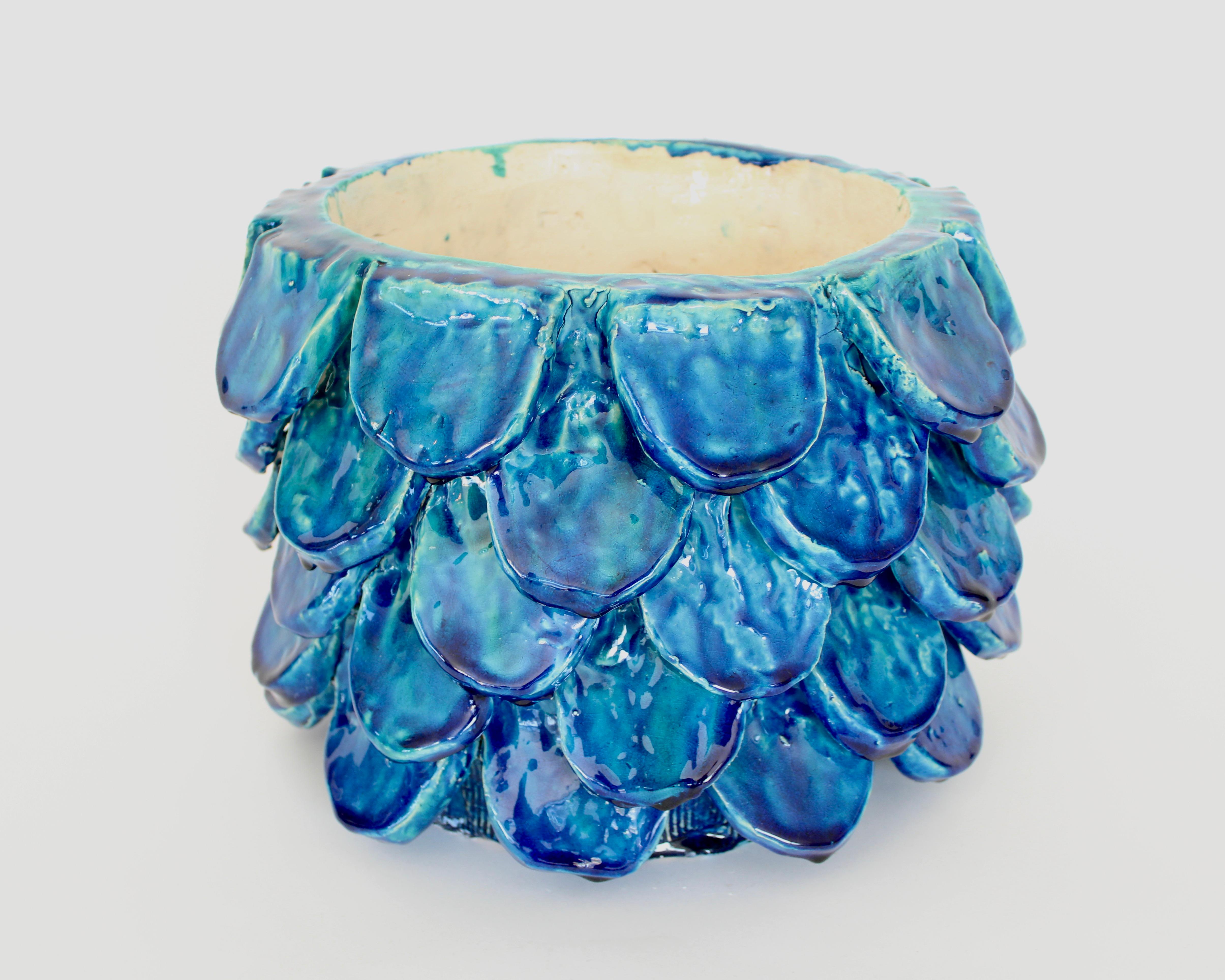 Bela Silva Sculptural Contemporary Floral Motif Blue Ceramic Vase, circa 2020 2