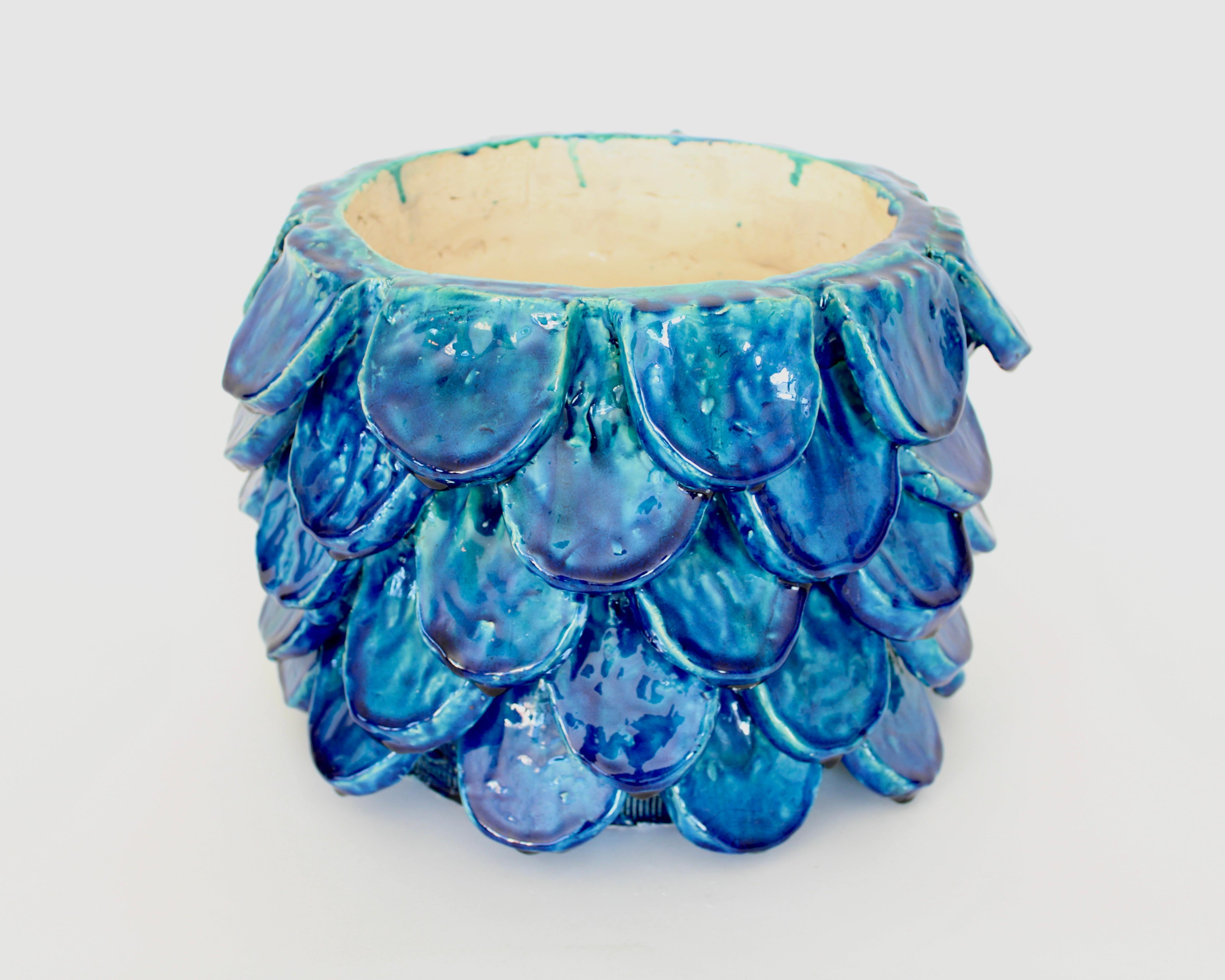 Bela Silva Sculptural Contemporary Floral Motif Blue Ceramic Vase, circa 2020 3