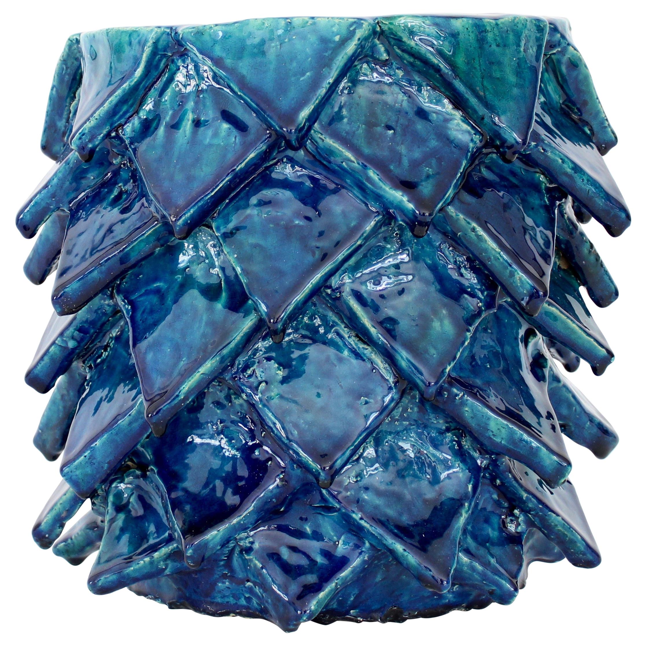 Bela Silva Sculptural Contemporary Floral Motif Blue Ceramic Vase, circa 2020