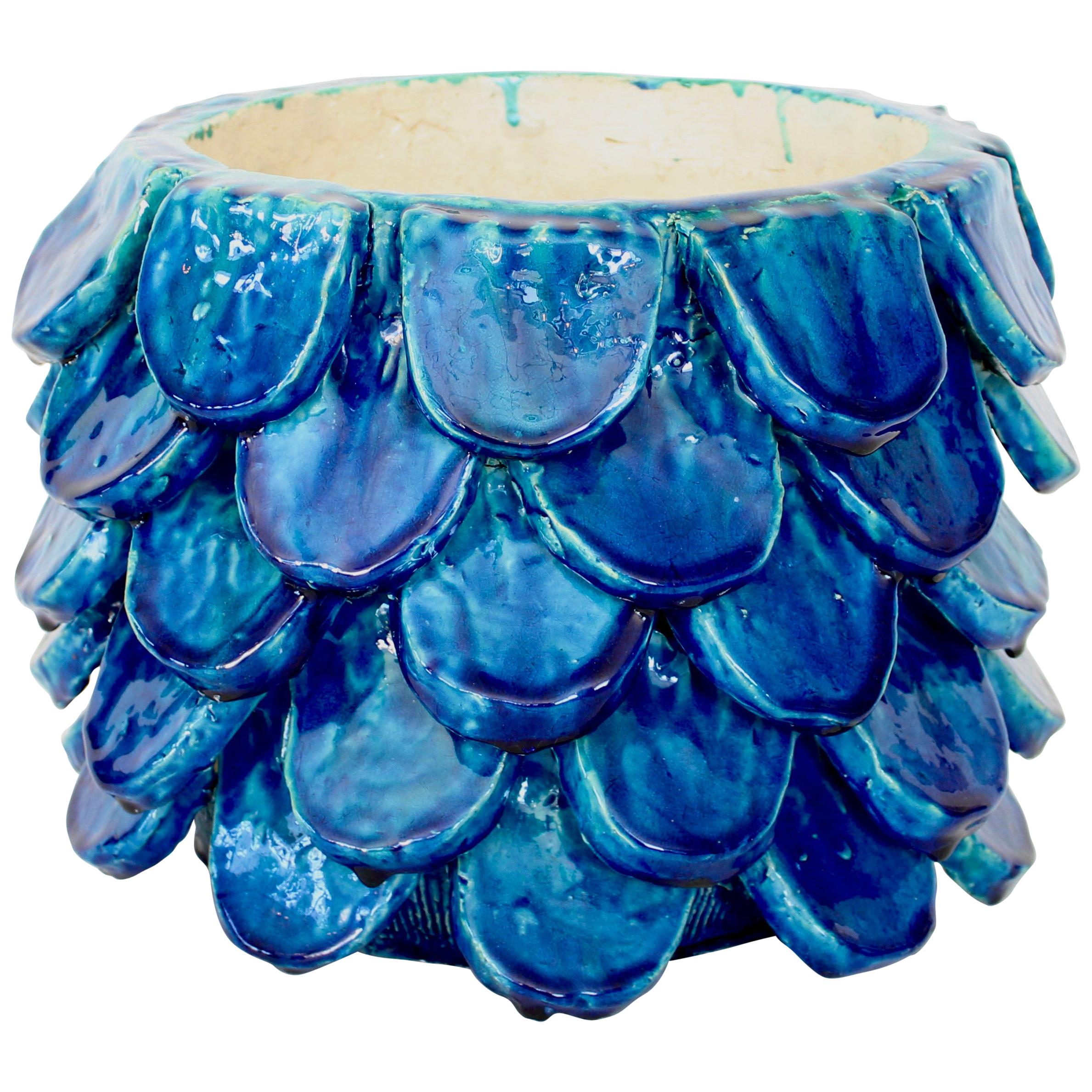 Bela Silva Sculptural Contemporary Floral Motif Blue Ceramic Vase, circa 2020