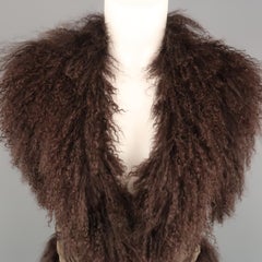 BELA Size XS Brown Mongolian Lamb Fur & Olive Embroidered Suede Vest