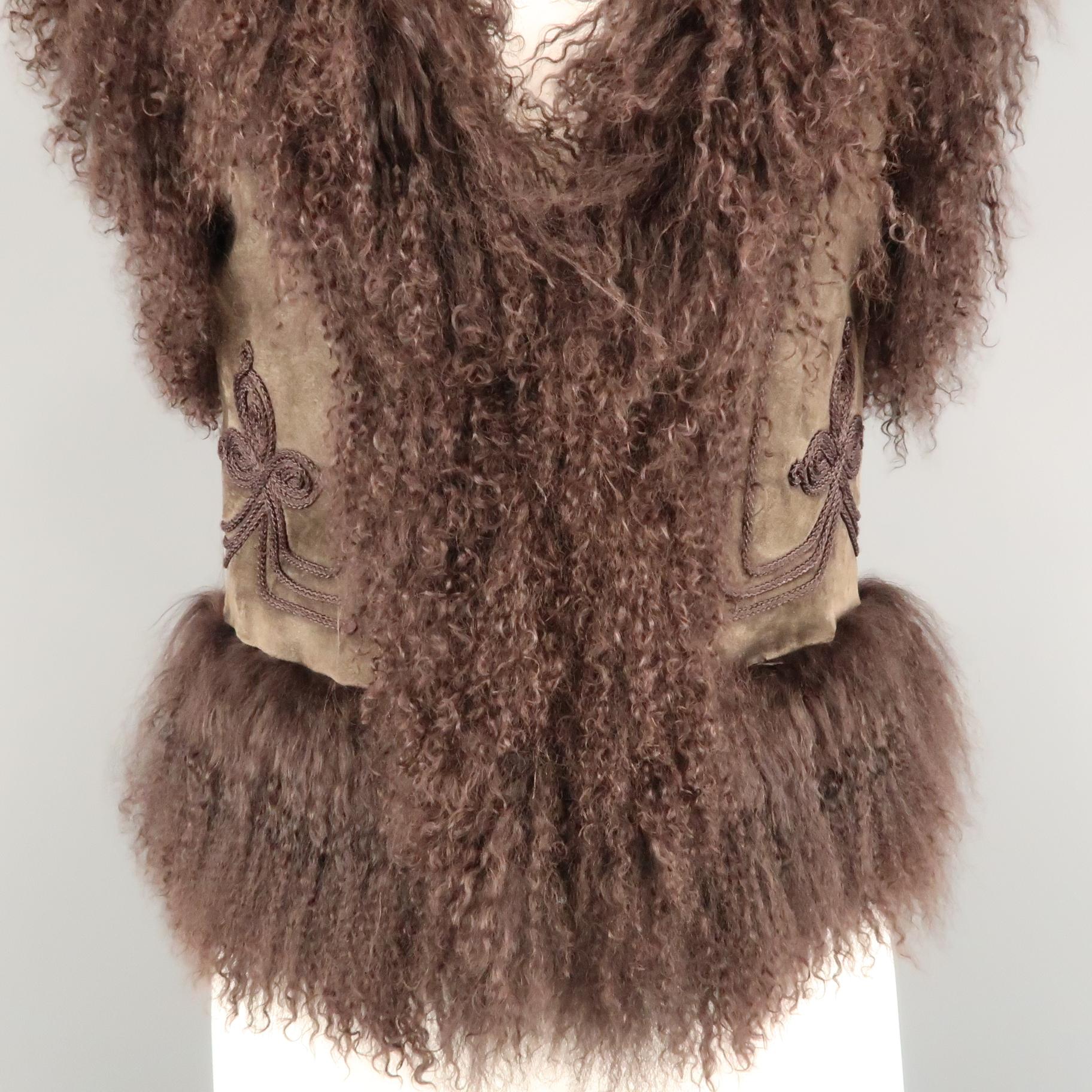 Black BELA Size XS Brown Mongolian Lamb Fur & Olive Embroidered Suede Vest
