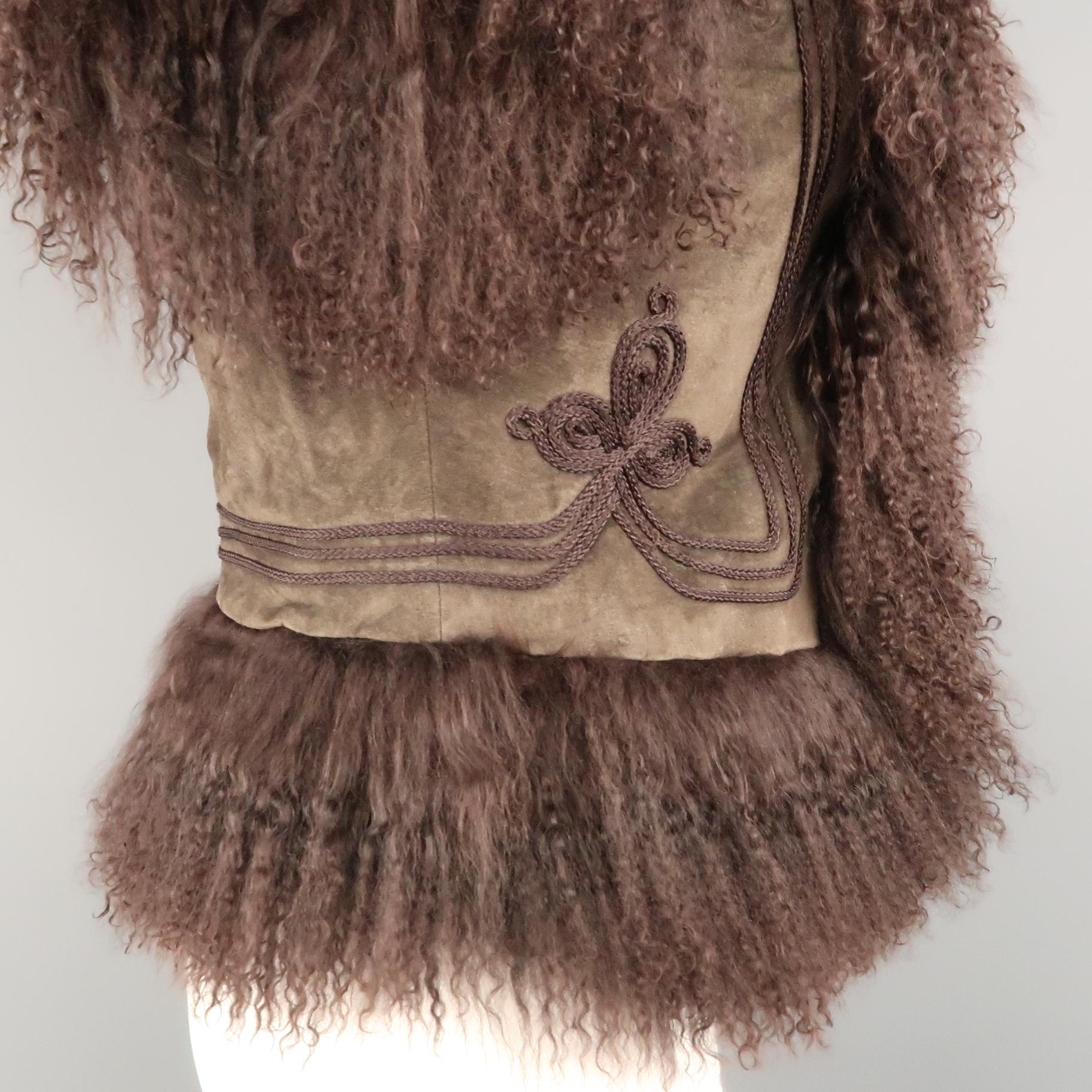 Women's BELA Size XS Brown Mongolian Lamb Fur & Olive Embroidered Suede Vest
