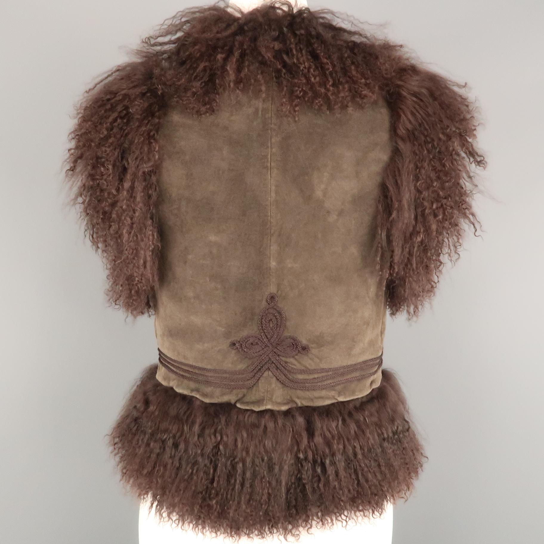 BELA Size XS Brown Mongolian Lamb Fur & Olive Embroidered Suede Vest 1