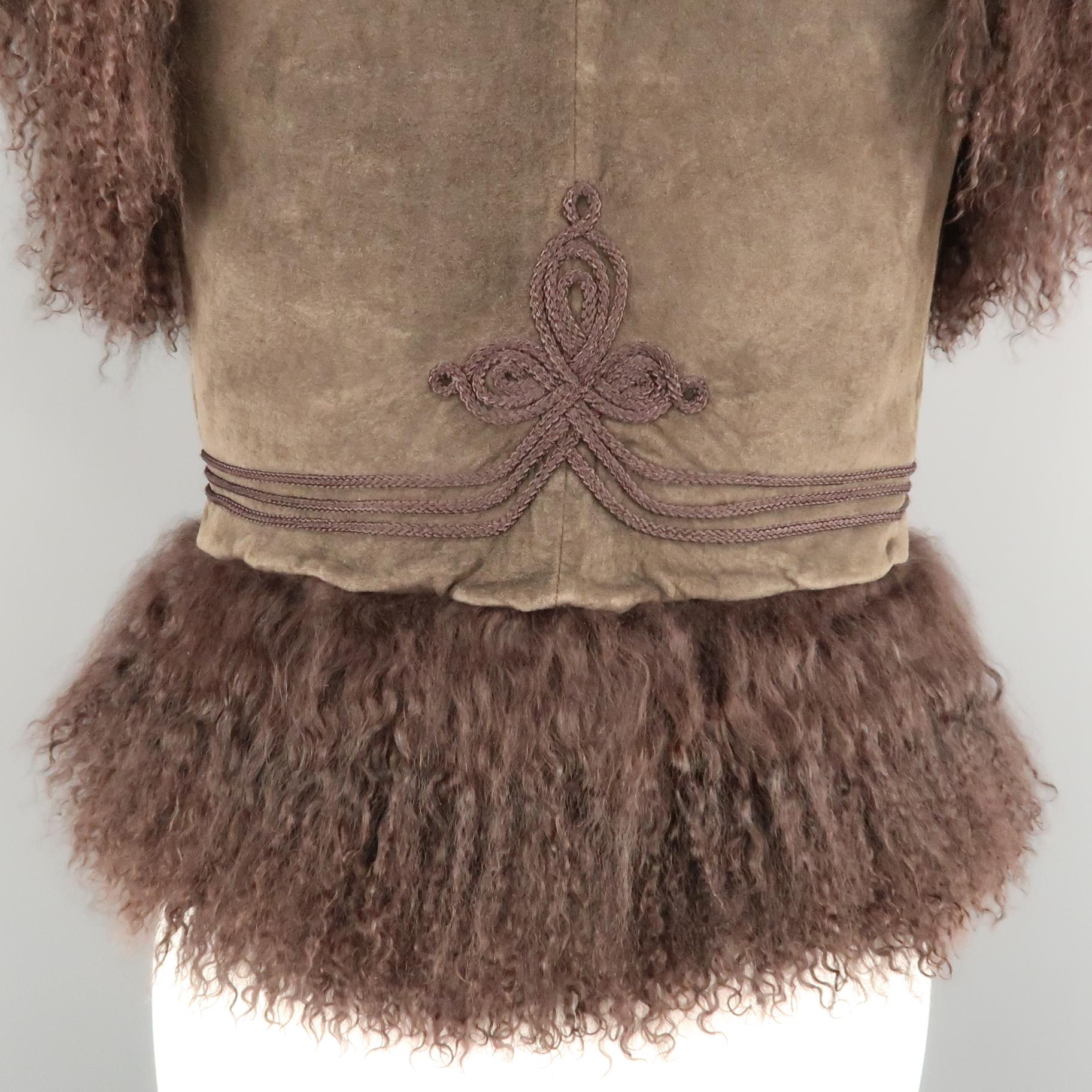 BELA Size XS Brown Mongolian Lamb Fur & Olive Embroidered Suede Vest 2