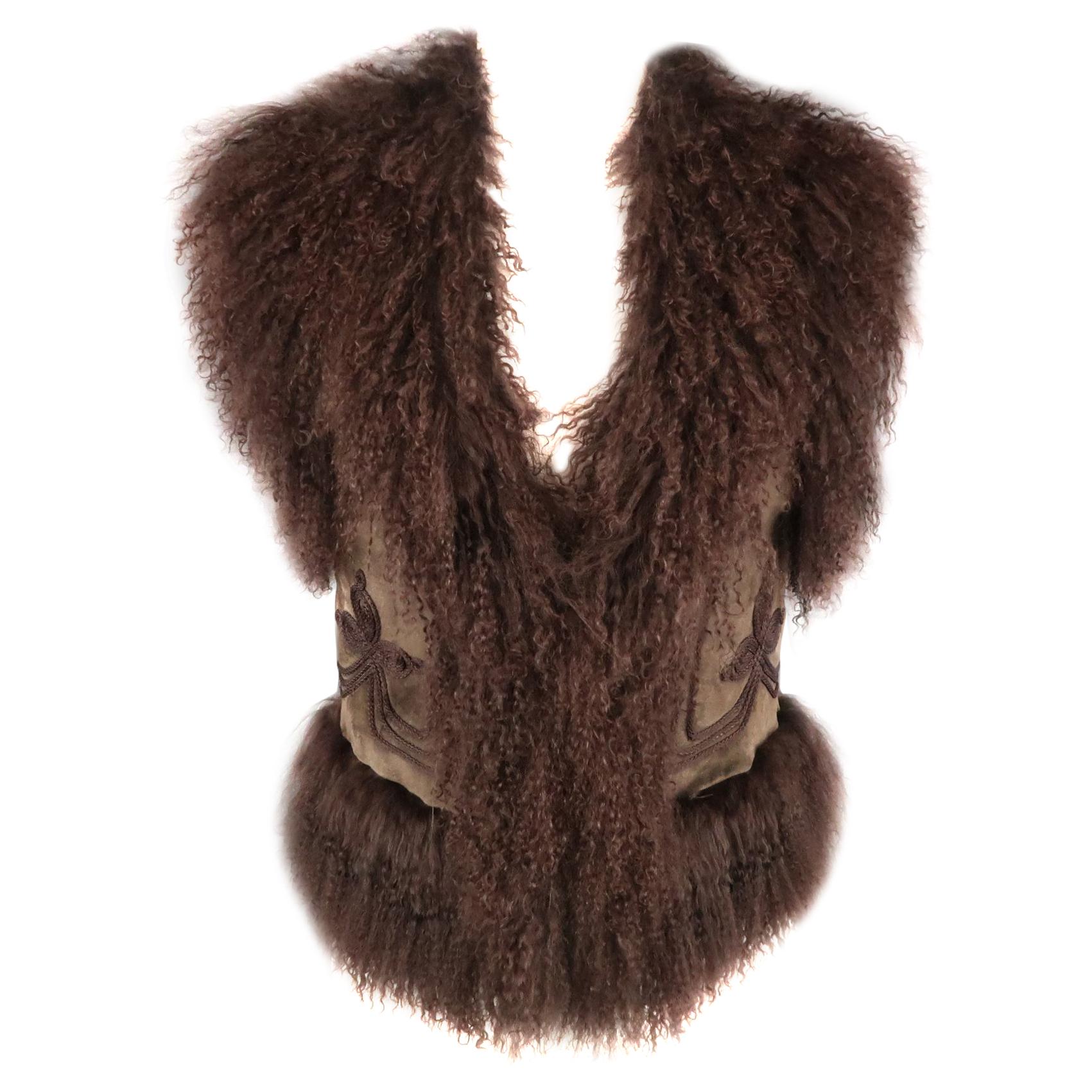 BELA Size XS Brown Mongolian Lamb Fur 
Olive Embroidered Suede Vest