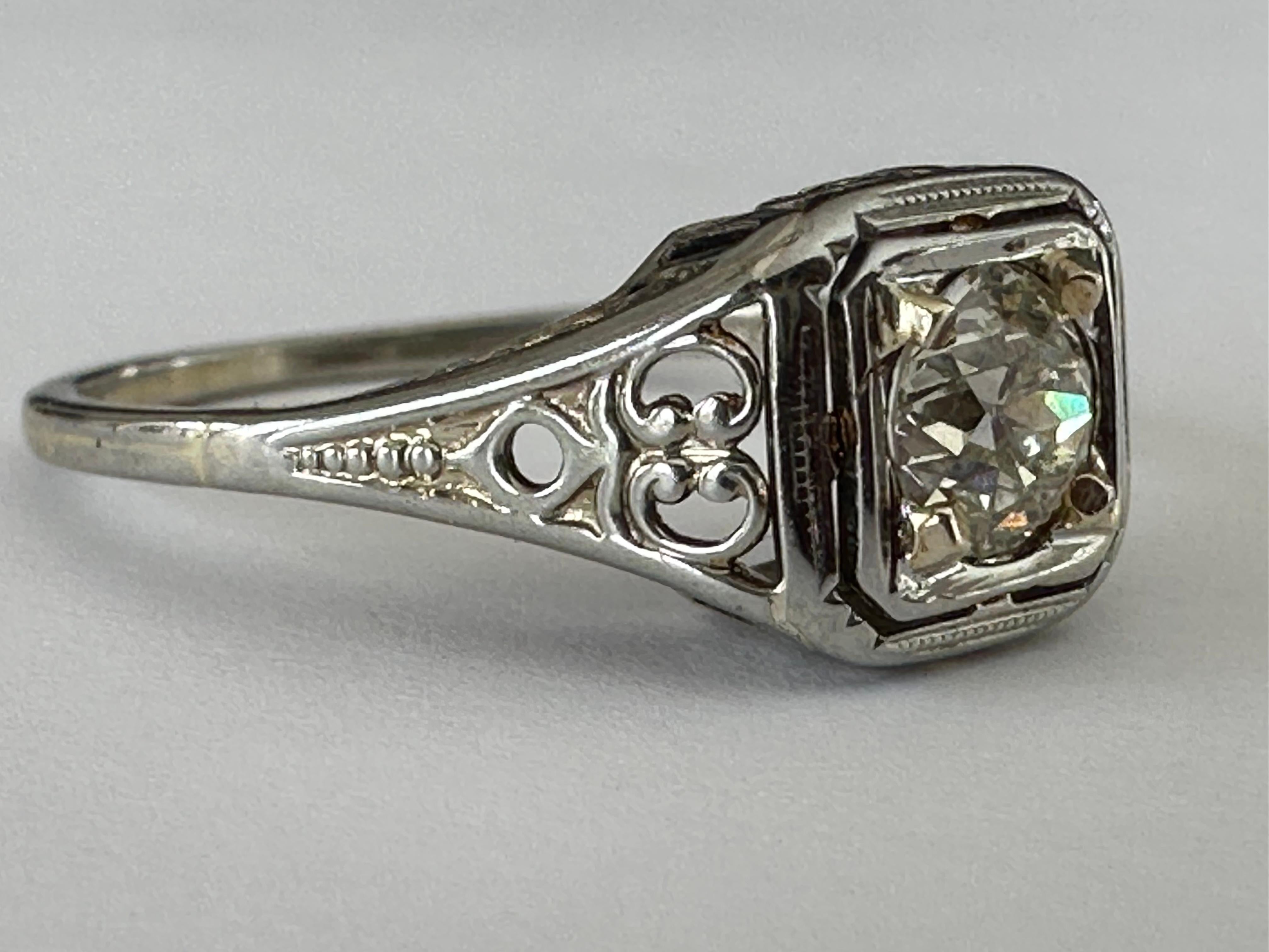 Women's Belais Antique Diamond Solitaire and Filigree Ring For Sale