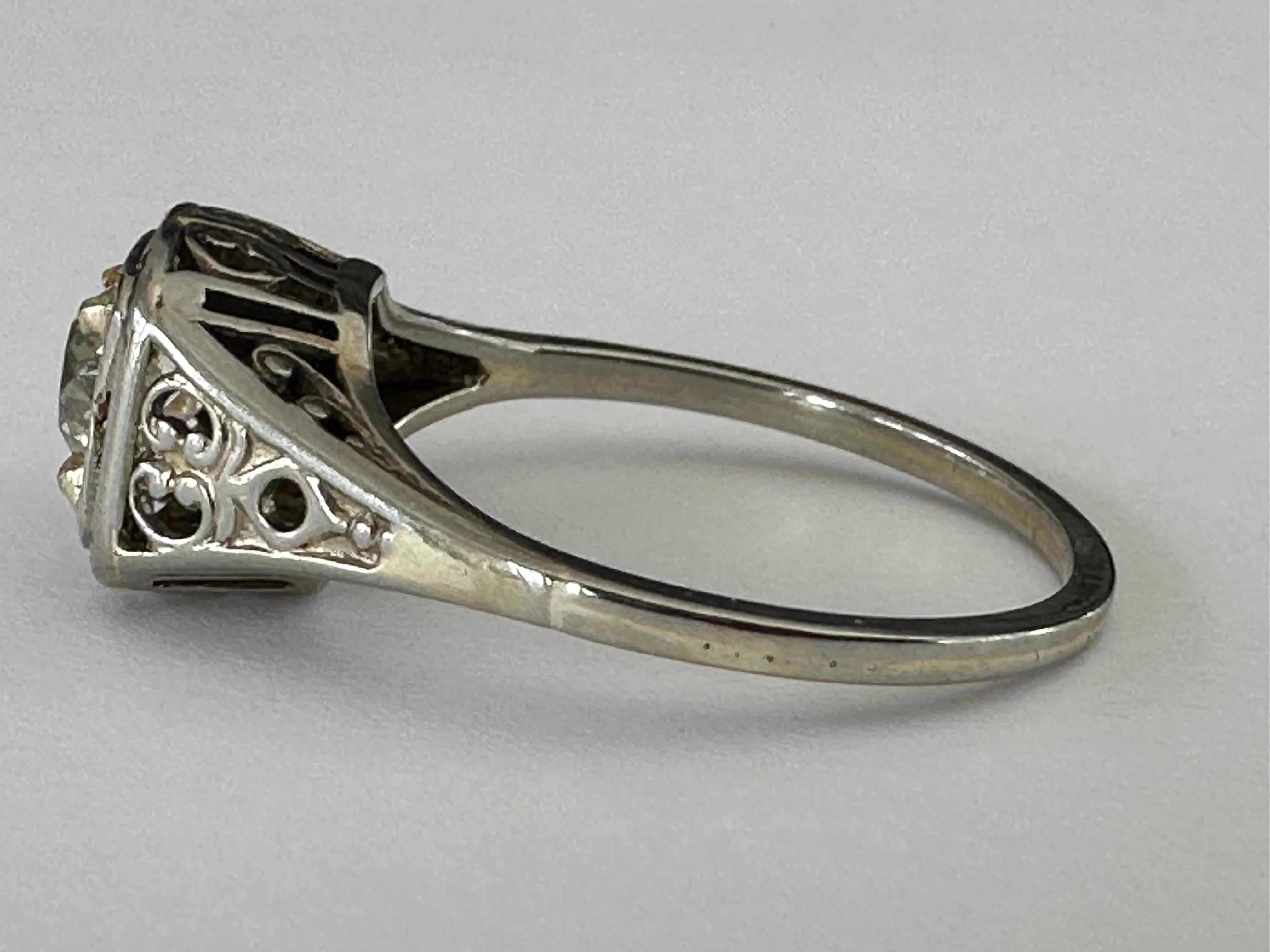 Old European Cut Belais Antique Diamond Solitaire and Filigree Ring For Sale