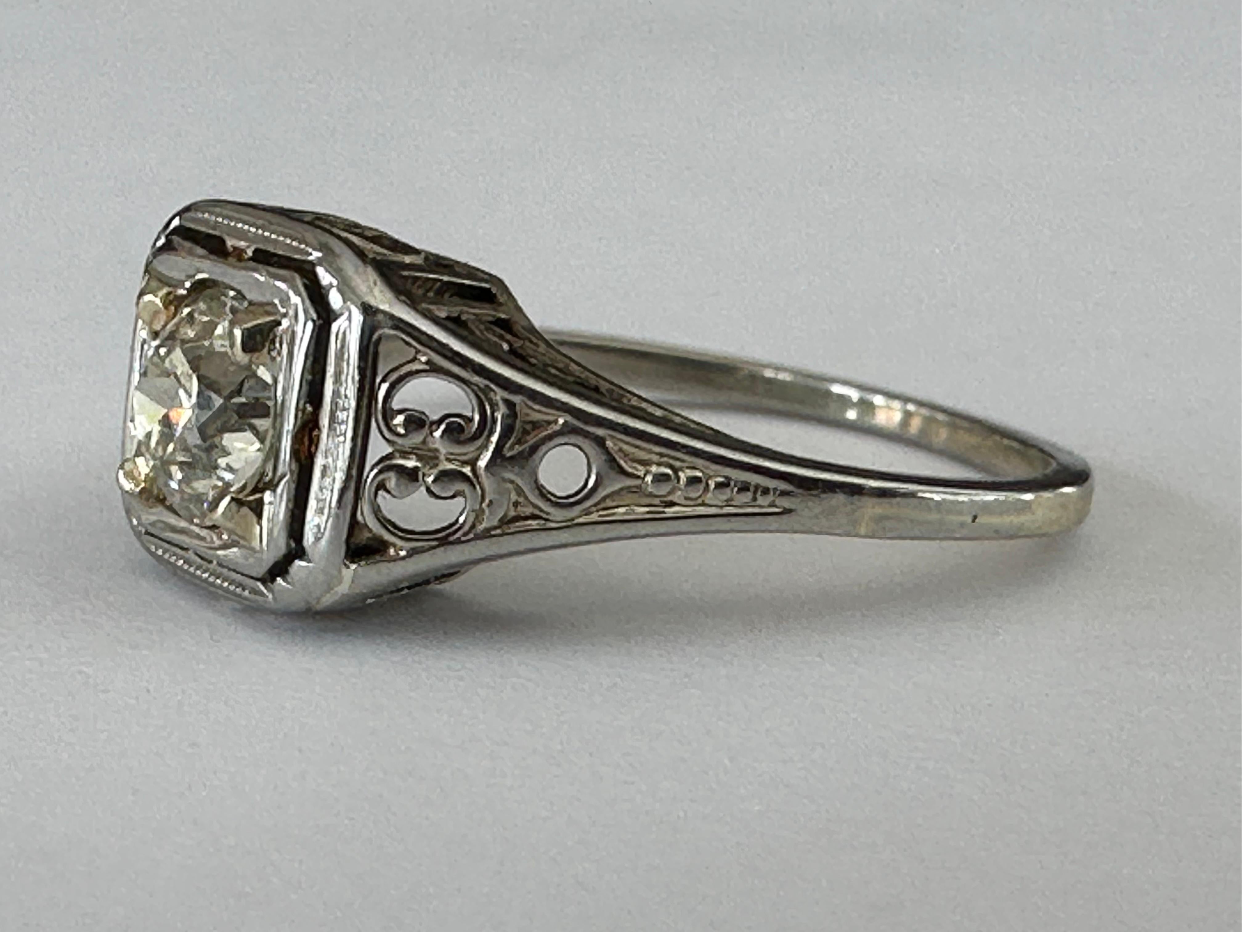 Edwardian Belais Antique Diamond Solitaire and Filigree Ring For Sale