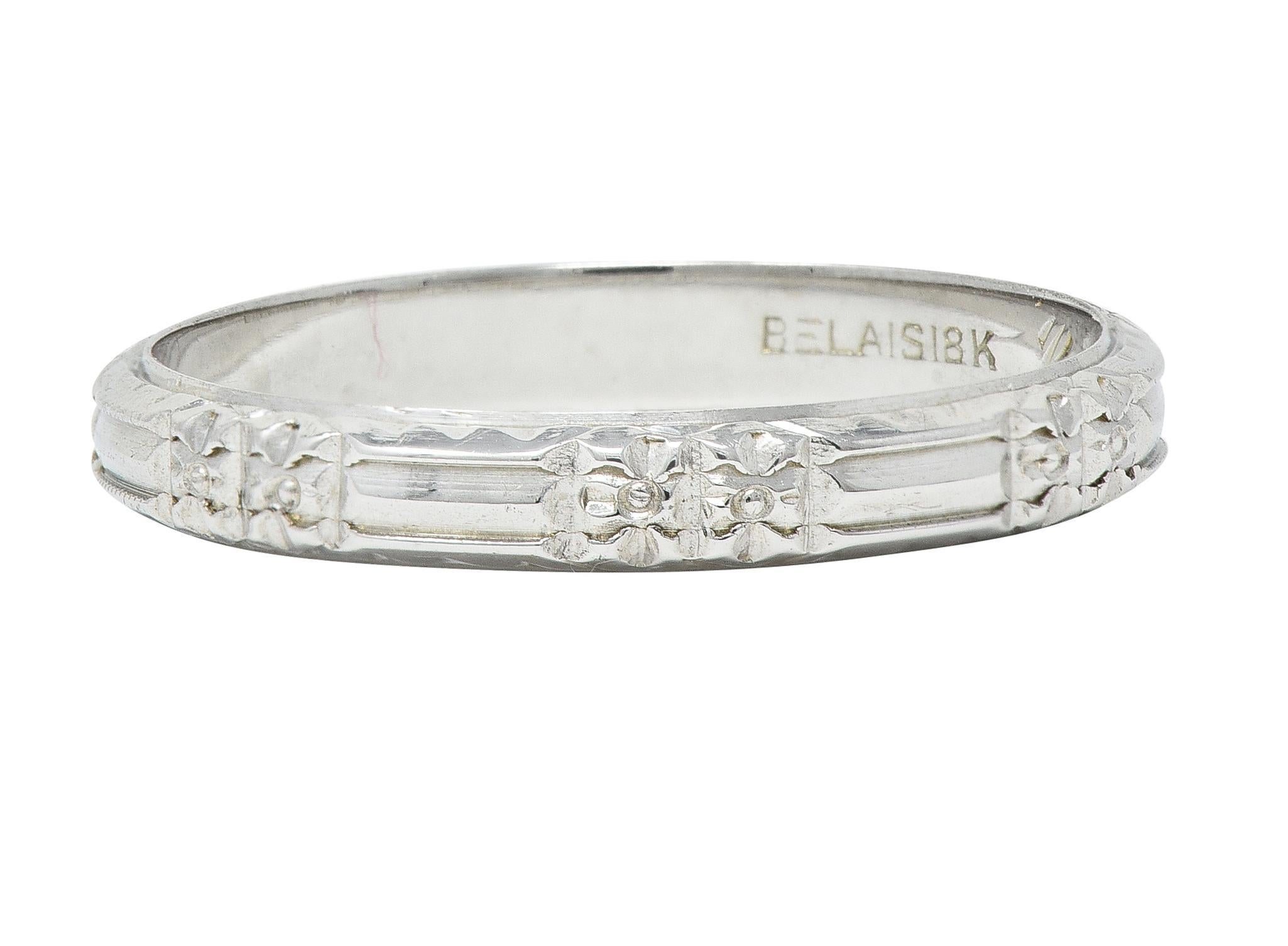 Belais Art Deco 18 Karat White Gold Orange Blossom Vintage Wedding Band Ring In Excellent Condition In Philadelphia, PA