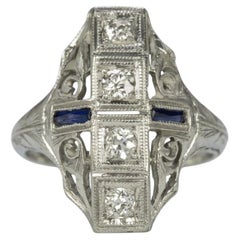 Belais Art Deco Diamond Sapphire 18k White Gold Filigree Cocktail Ring