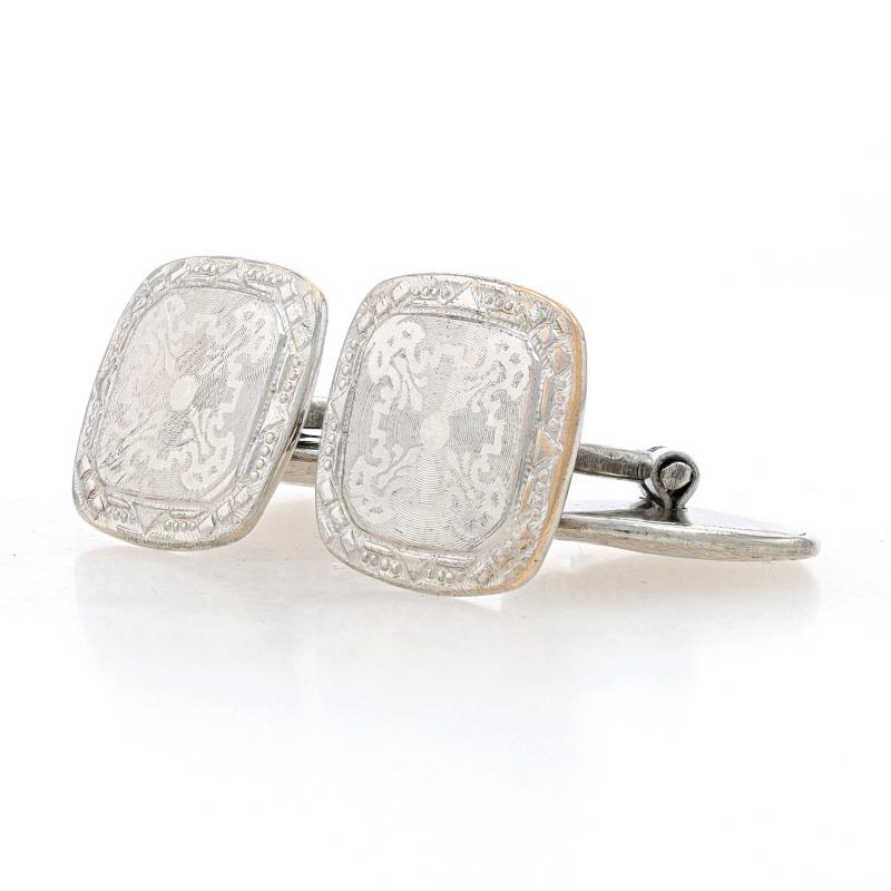 Belais Art Deco Etched Square Cufflinks - White Gold 14k & Silver Toned Vintage In Excellent Condition In Greensboro, NC