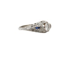 Belais Art Deco Old European Cut Diamond 18K Hand Etched Filigree Ring  Sapphire