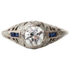 Belais Art Deco Old European Cut Diamond 18K Hand Etched Filigree Ring  Sapphire