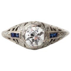 Antique Belais Art Deco Old European Cut Diamond 18K Hand Etched Filigree Ring  Sapphire