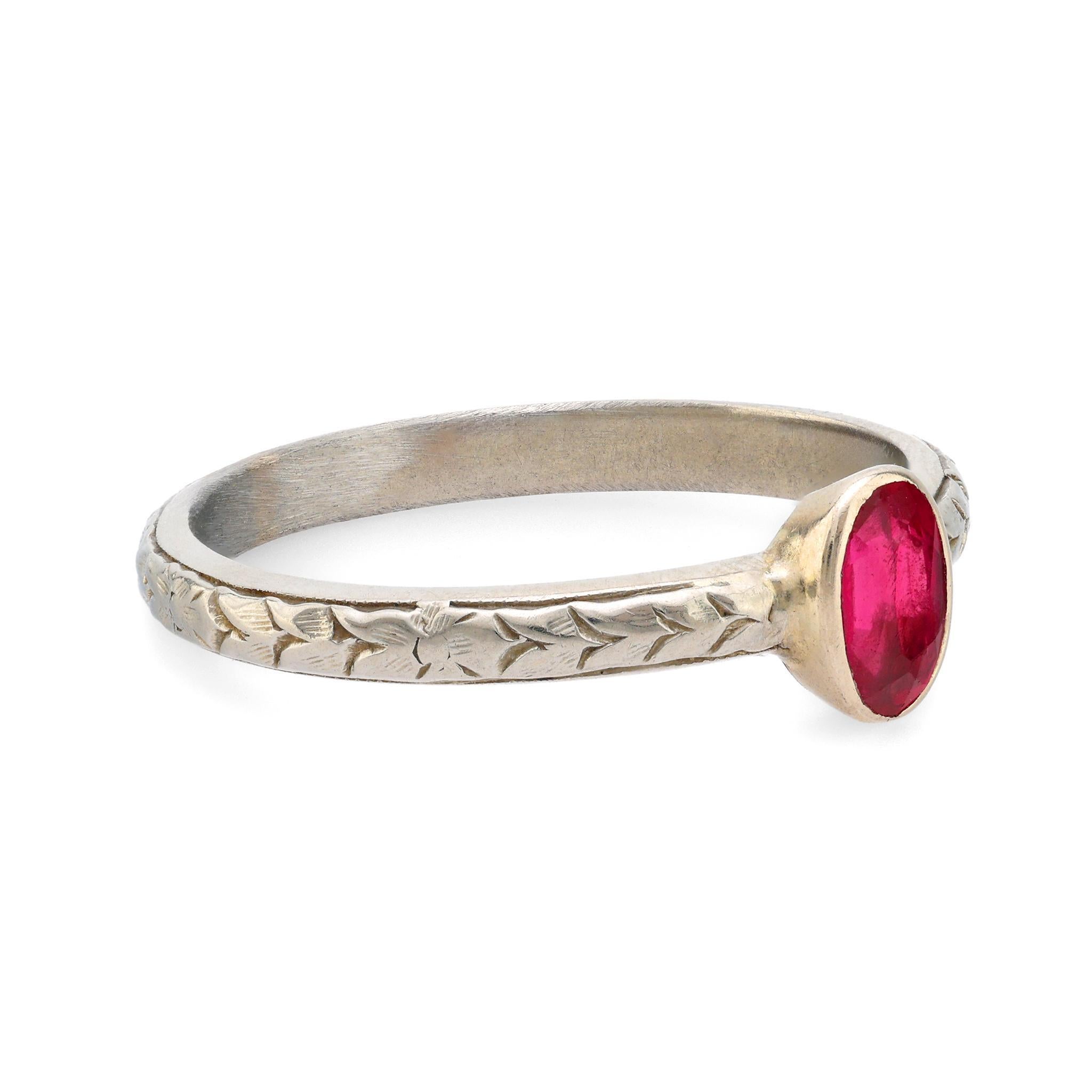 Oval Cut Belais Art Deco ruby 18k white gold solitaire ring