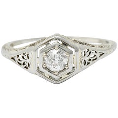 Belais Early Art Deco Diamond 18 Karat White Gold Floral Engagement Ring