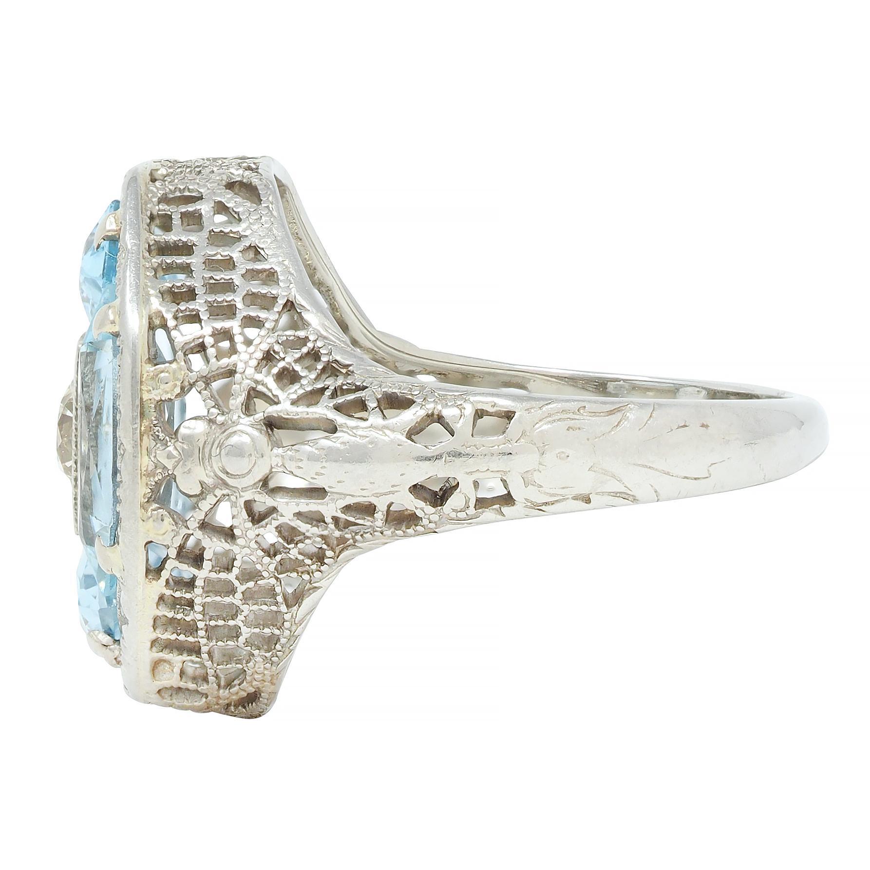 Women's or Men's Belais Edwardian Diamond Aquamarine 14 Karat White Gold Antique Dragonfly Ring