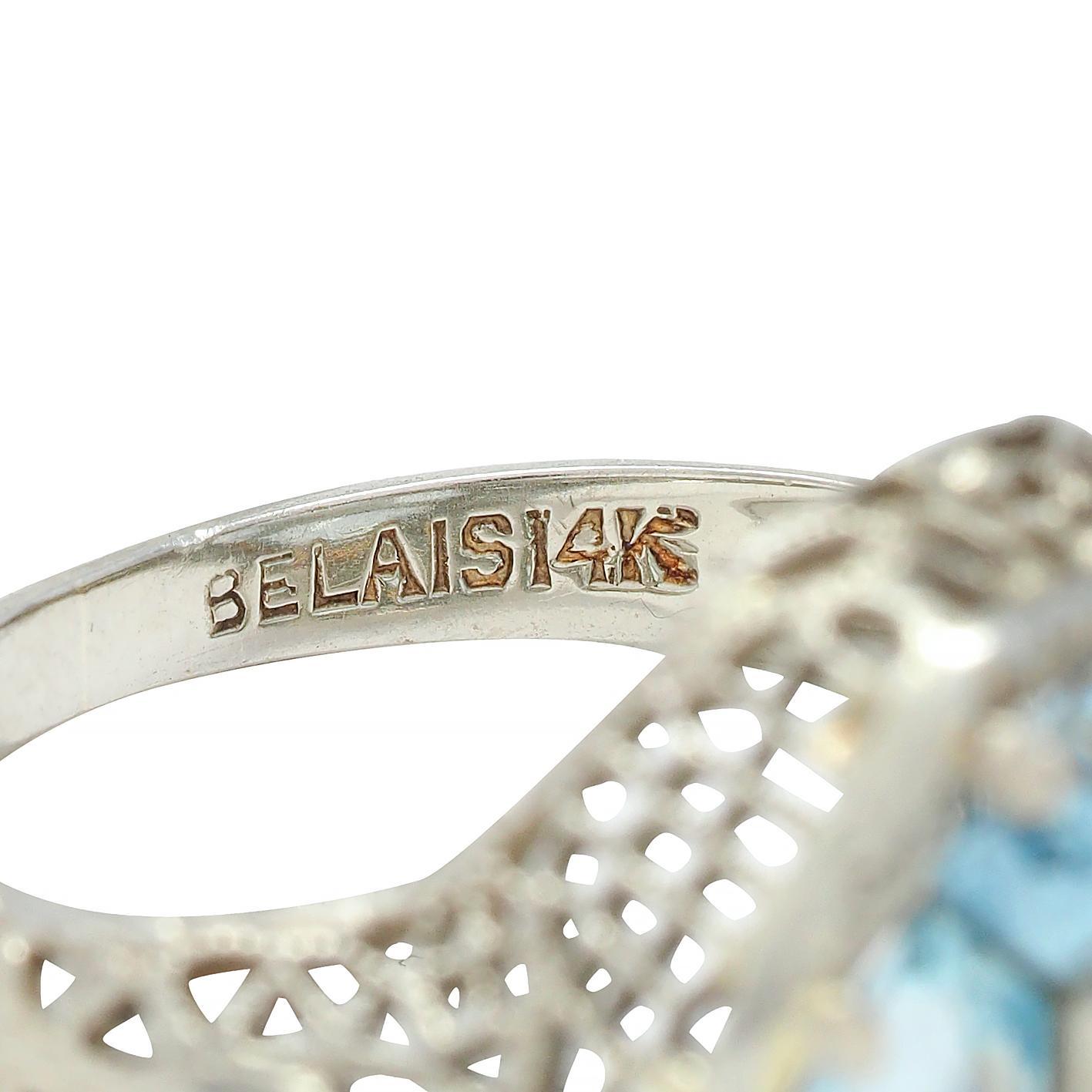Belais Edwardianischer antiker Schmetterlingsring, Diamant Aquamarin 14 Karat Weißgold 2