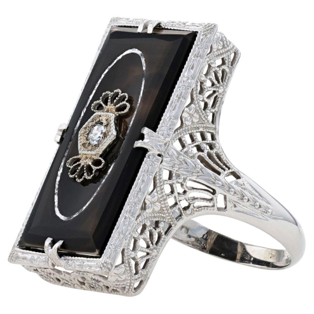 Belais Onyx and Diamond Filigree Ring White Gold 14k Floral