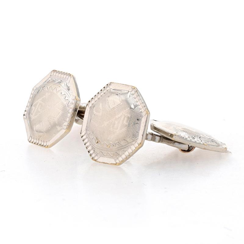 Belais Vintage Etched Octagon Cufflinks White Gold 14k & Silver Toned Geometric In Excellent Condition For Sale In Greensboro, NC