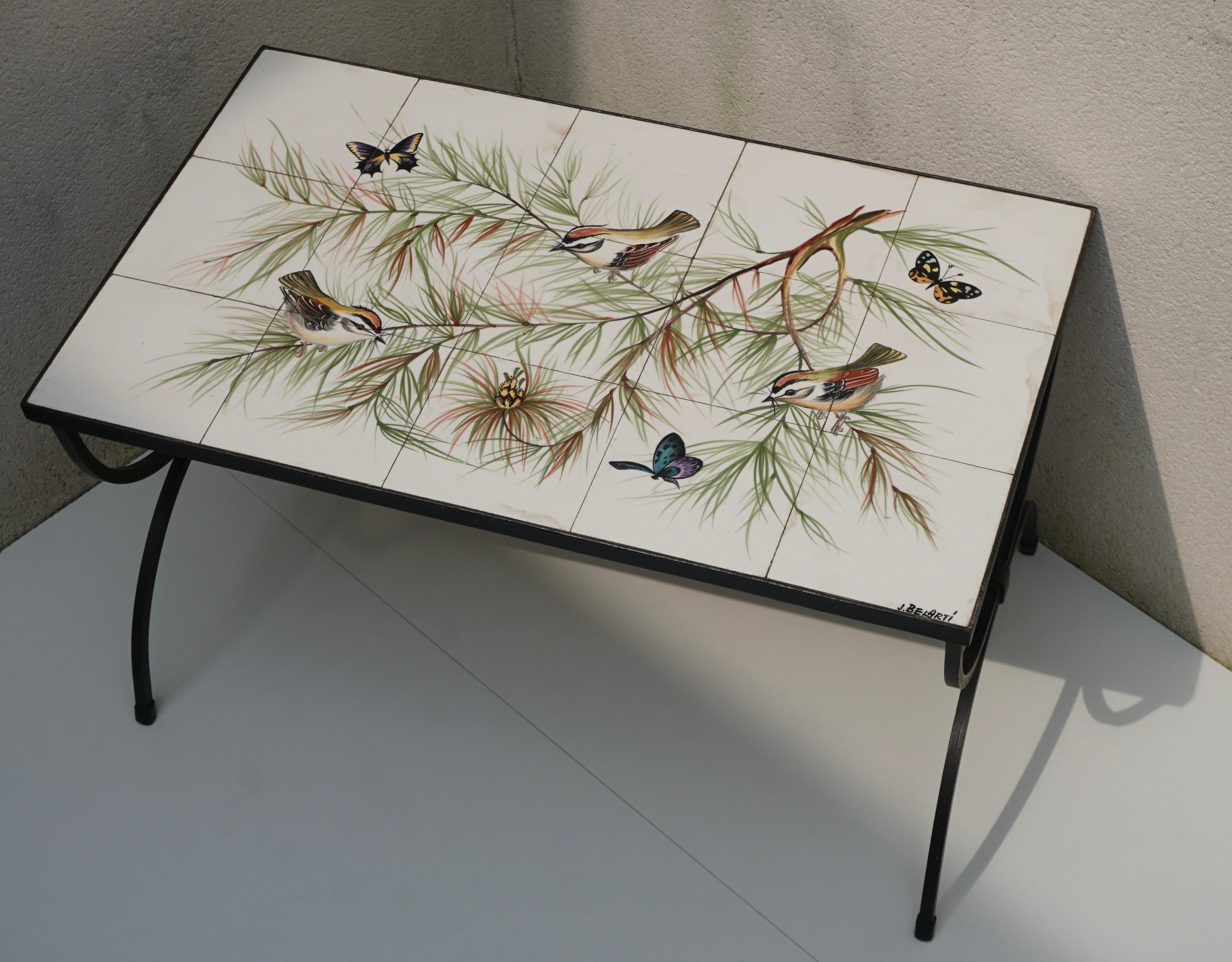 Belarti Ceramic Tile Side Coffee Table with Birds and Butterflies, 1960s For Sale 3