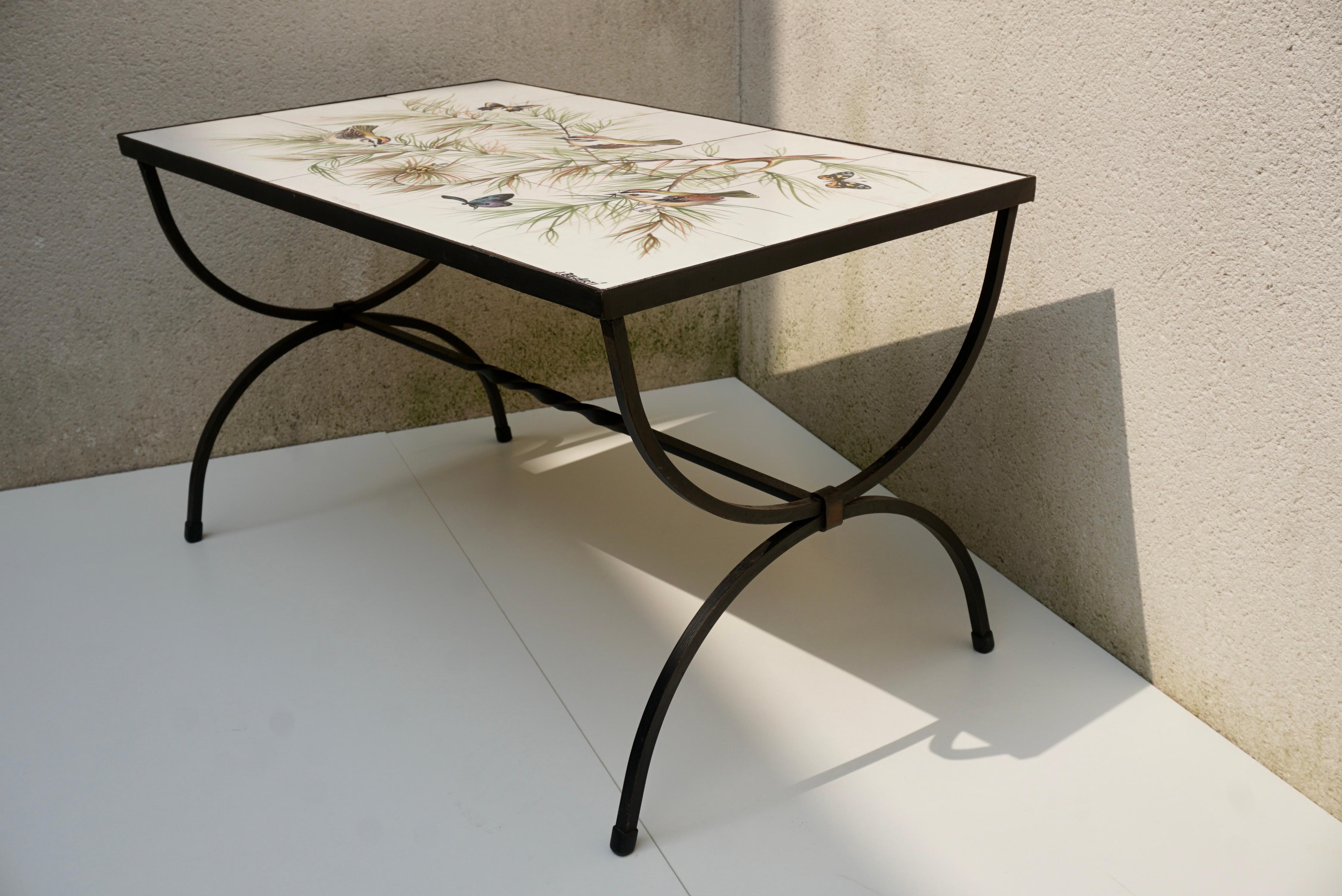 Hollywood Regency Belarti Ceramic Tile Side Coffee Table with Birds and Butterflies, 1960s For Sale