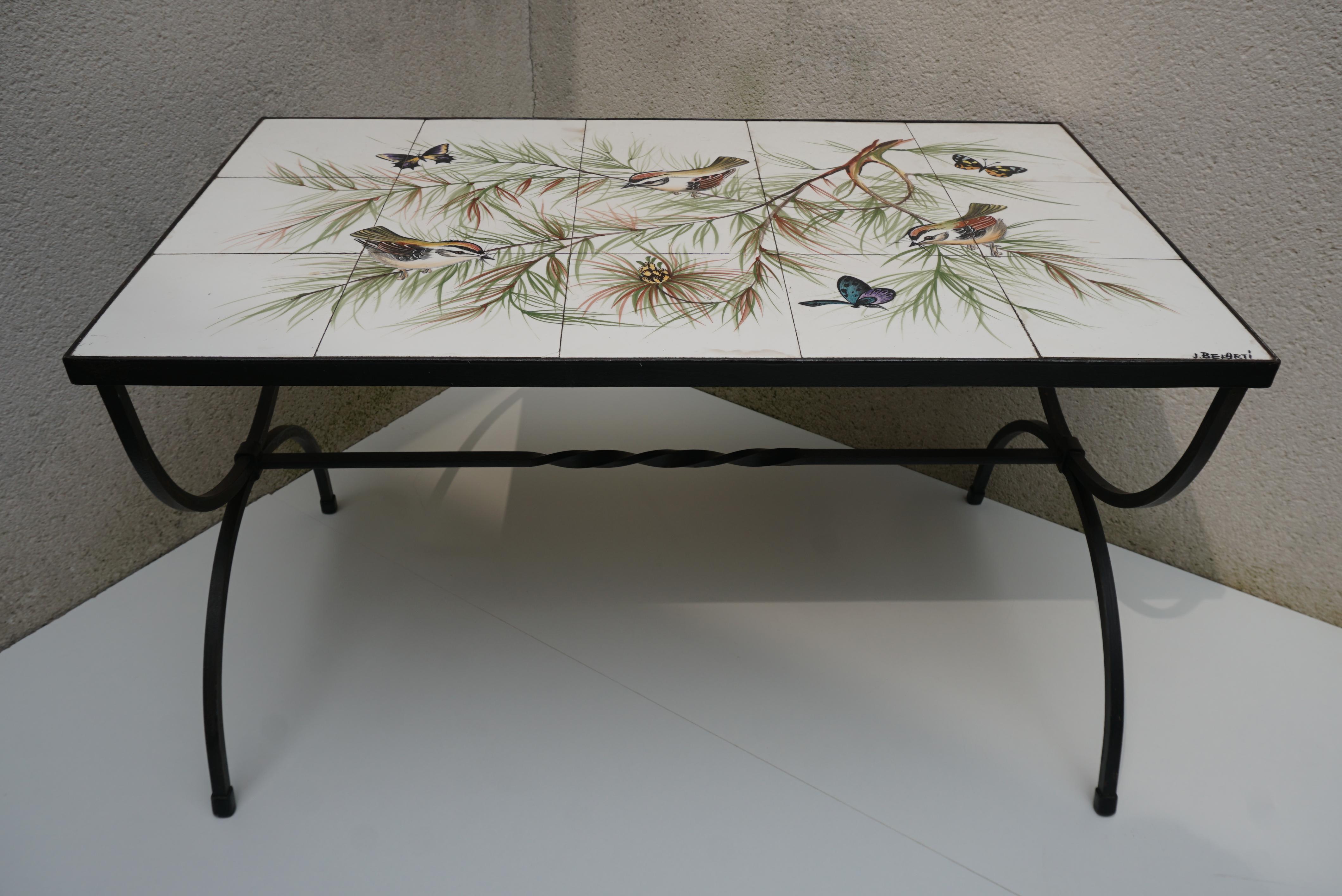 Italian Belarti Ceramic Tile Side Coffee Table with Birds and Butterflies, 1960s For Sale