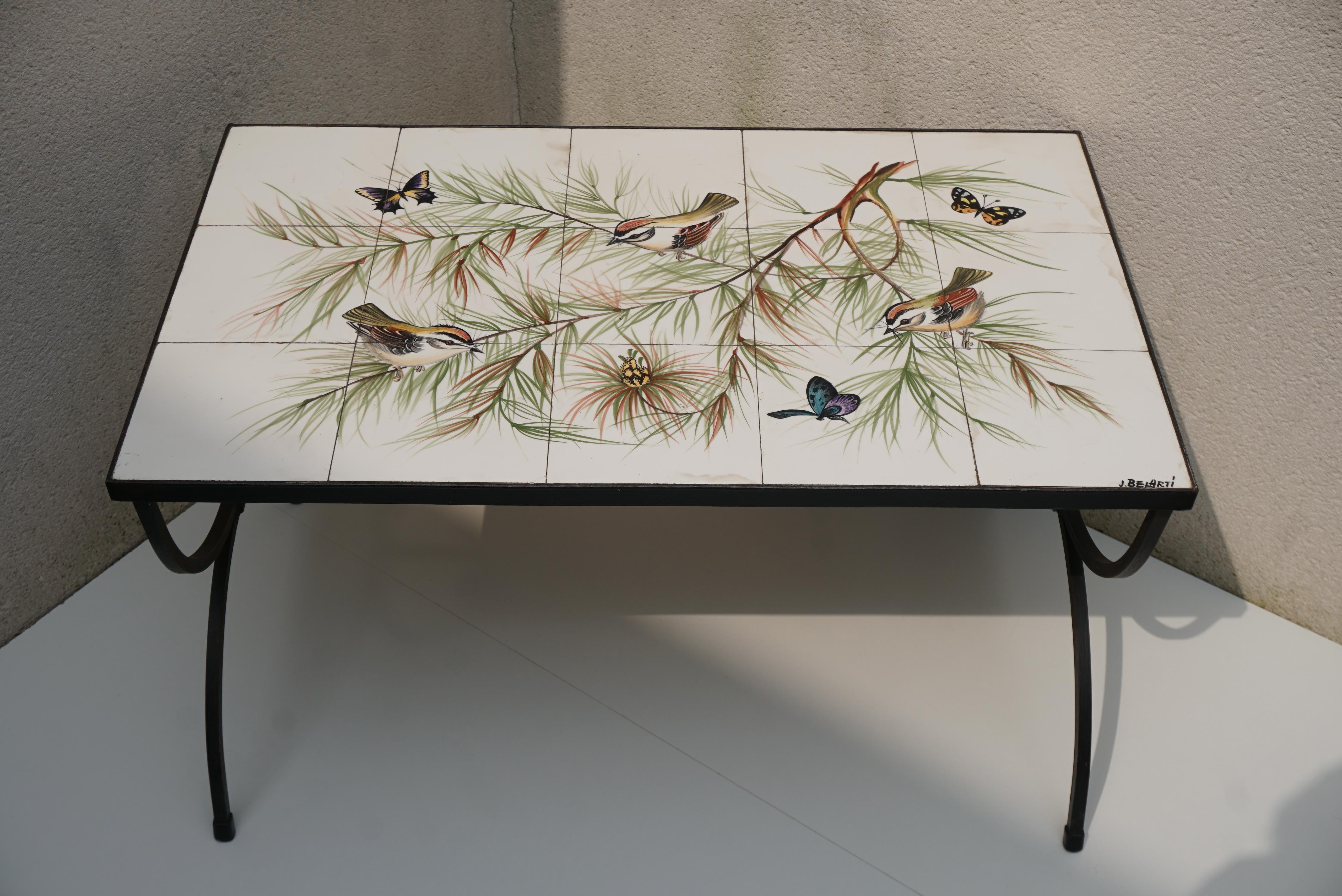 Glazed Belarti Ceramic Tile Side Coffee Table with Birds and Butterflies, 1960s For Sale