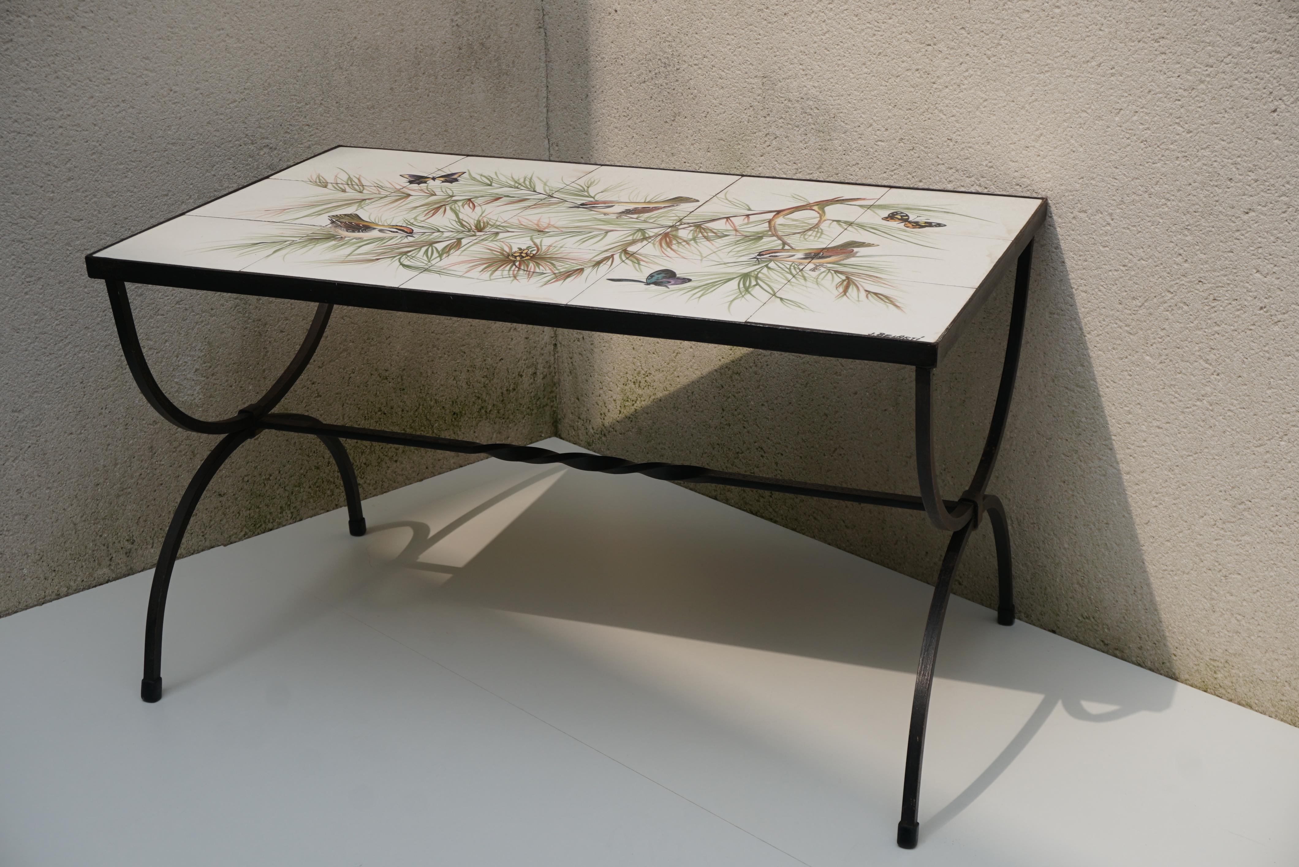20th Century Belarti Ceramic Tile Side Coffee Table with Birds and Butterflies, 1960s For Sale