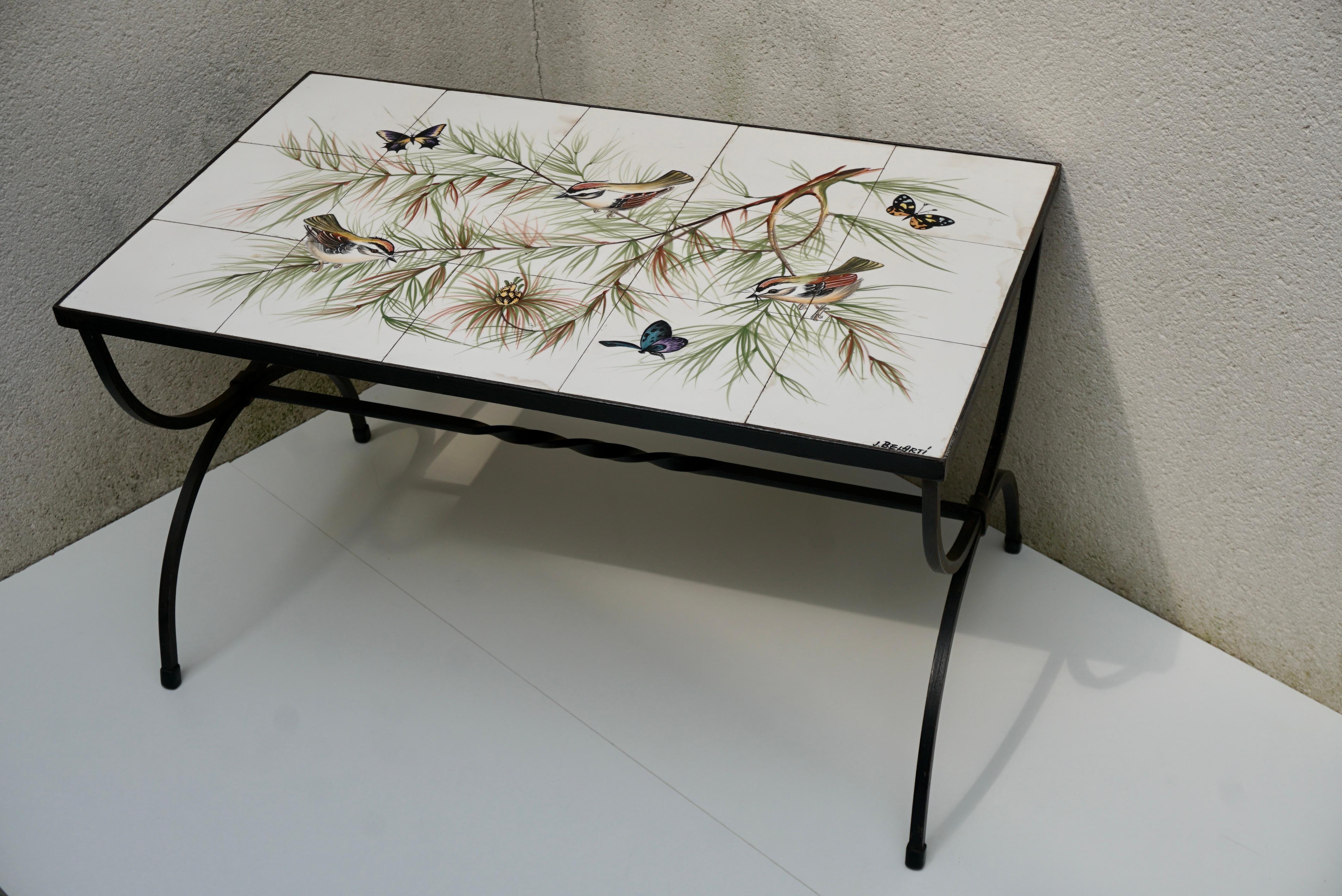 Belarti Ceramic Tile Side Coffee Table with Birds and Butterflies, 1960s For Sale 1
