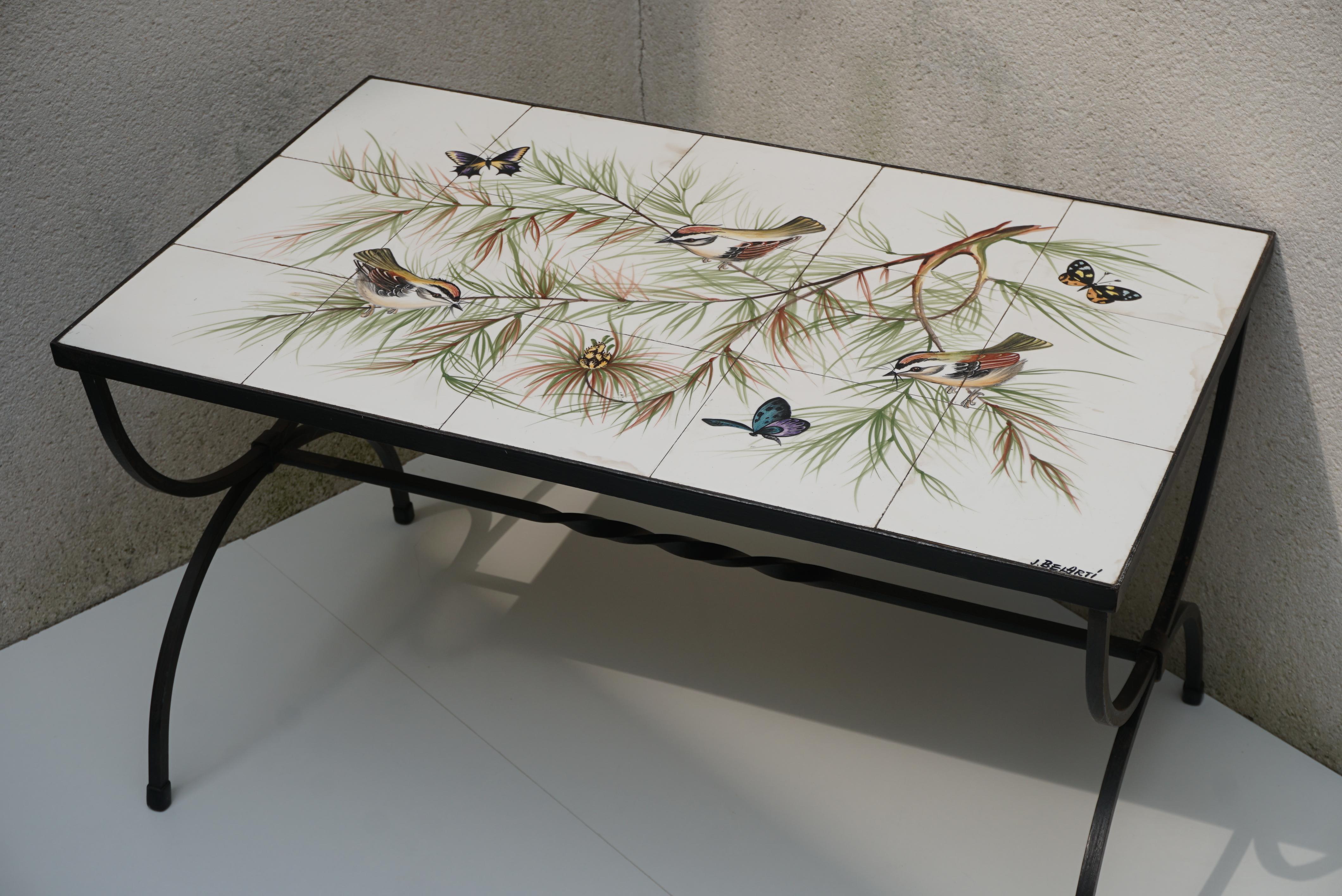 Belarti Ceramic Tile Side Coffee Table with Birds and Butterflies, 1960s For Sale 2
