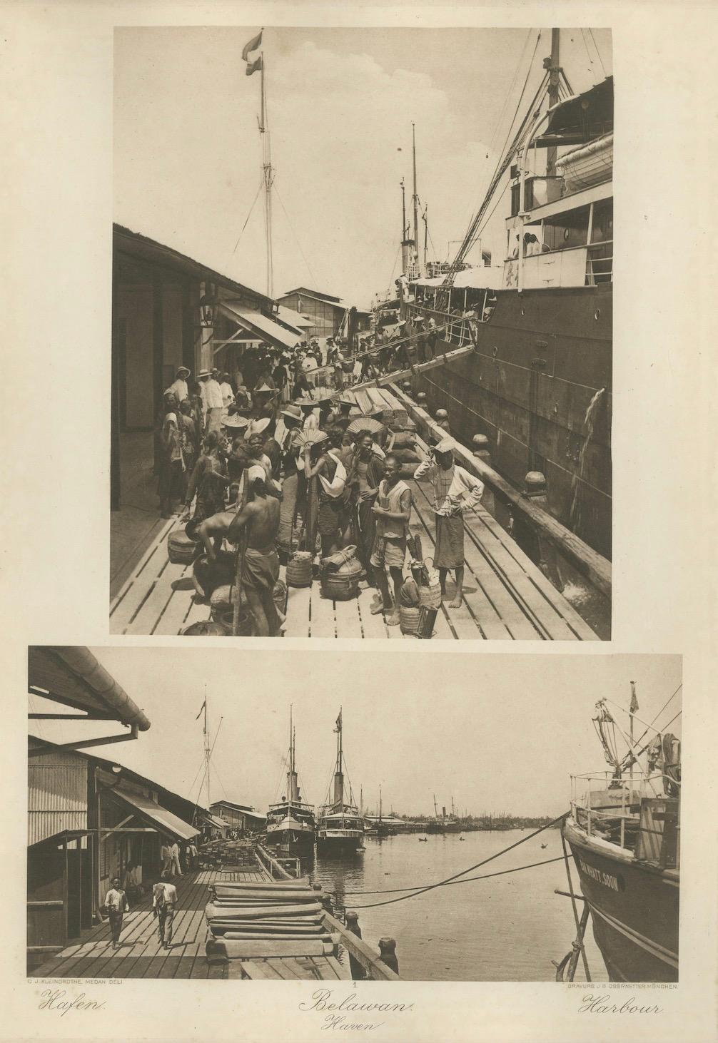 Néerlandais Port de Belawan et ouvriers - Sumatra, Indonésie - Kleingrothe Photogravure 1900 en vente
