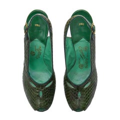 Belegante 1940s Green Snakeskin Heeled Slingback Shoes with Peep Toe US size 5.5