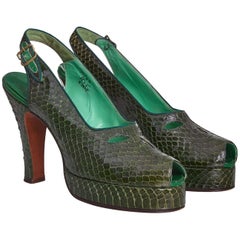 Vintage Belegante 1940s Green Snakeskin Heeled Slingback Shoes with Peep Toe US size 5.5