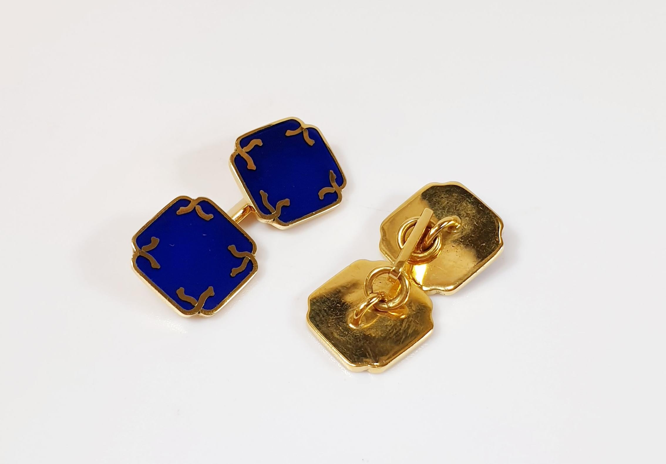Art Deco Belfiore Florentine Jewellers 18 Karat Gold and Enamel Cufflinks For Sale