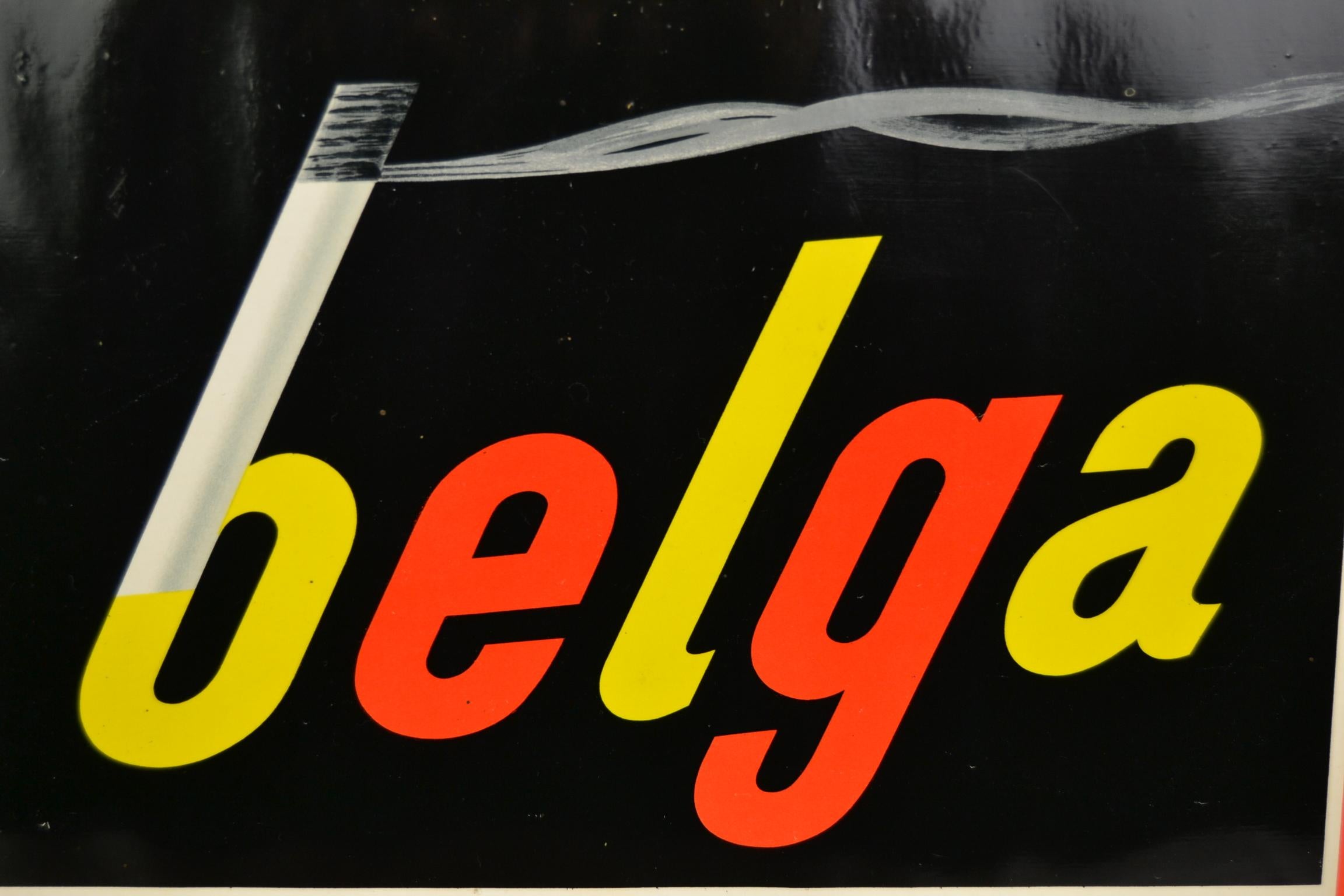 Vintage advertising sign for Belga Cigarettes.
This publicity sign has the Belgium colors black, red and yellow. Made by rob otten brussels. It's a tin framed cellulite sign. Wall decoration - wall sign for Belga cigarettes smoker.