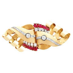 Spilla belga in oro giallo 18 carati con diamante e rubino sintetico da 1,55 carati, CIRCA 1930