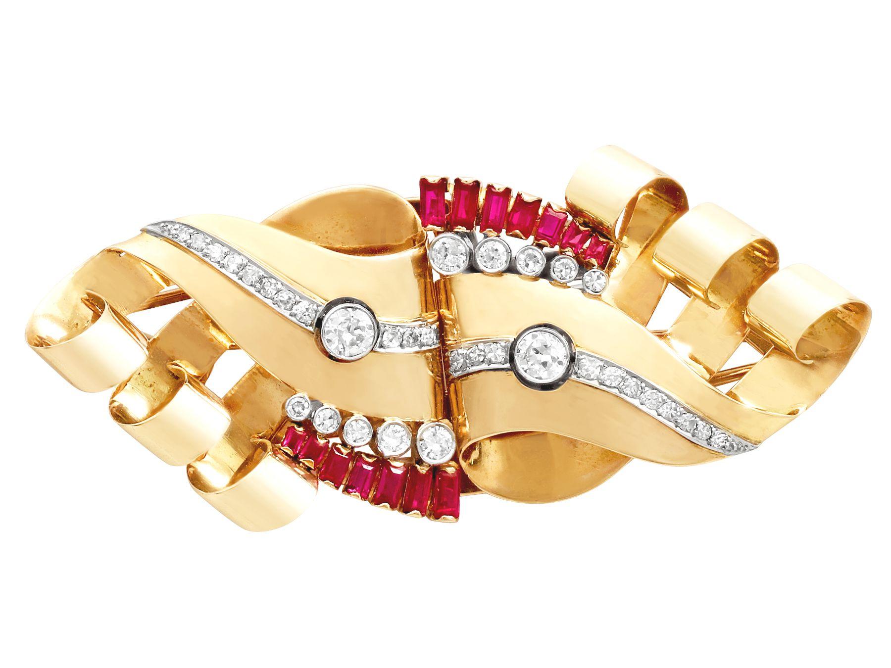 Belgian 1.55 Carat Diamond and Synthetic Ruby 18k Yellow Gold Brooch Circa 1930