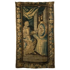 Belgian 17th Century Woven Tapestry of a Lady and Mirror