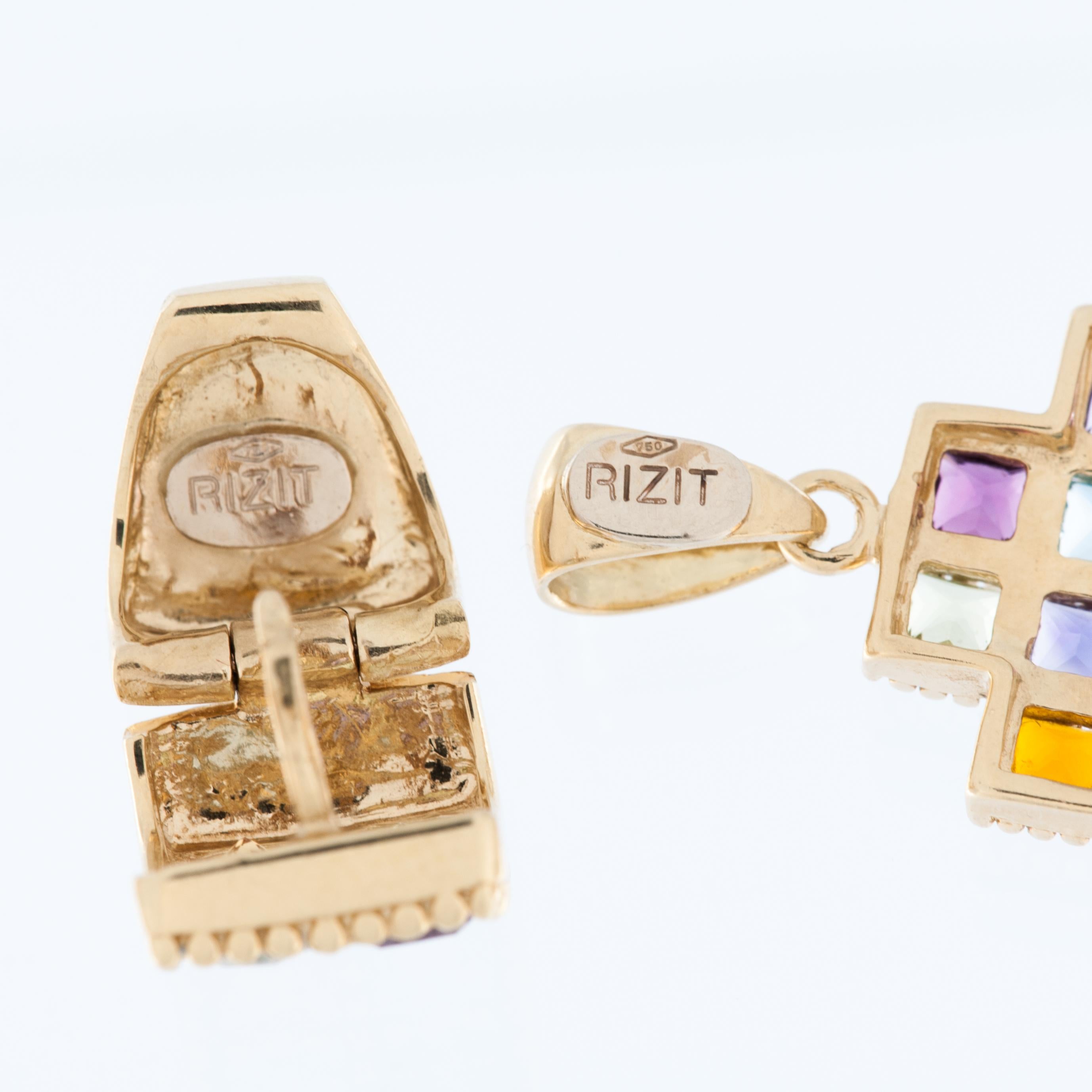 Women's or Men's Belgian 18kt Yellow Gold Set Cross & Earrings with Coloured Quartz  For Sale