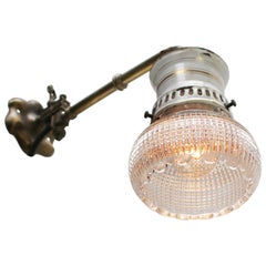 Belgian 1910s Holophane Glass Brass & Enamel Converted Gas Wall Lamp