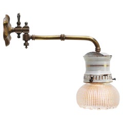 Belgian 1910s Holophane Glass Brass & Enamel Converted Gas Wall Lamp