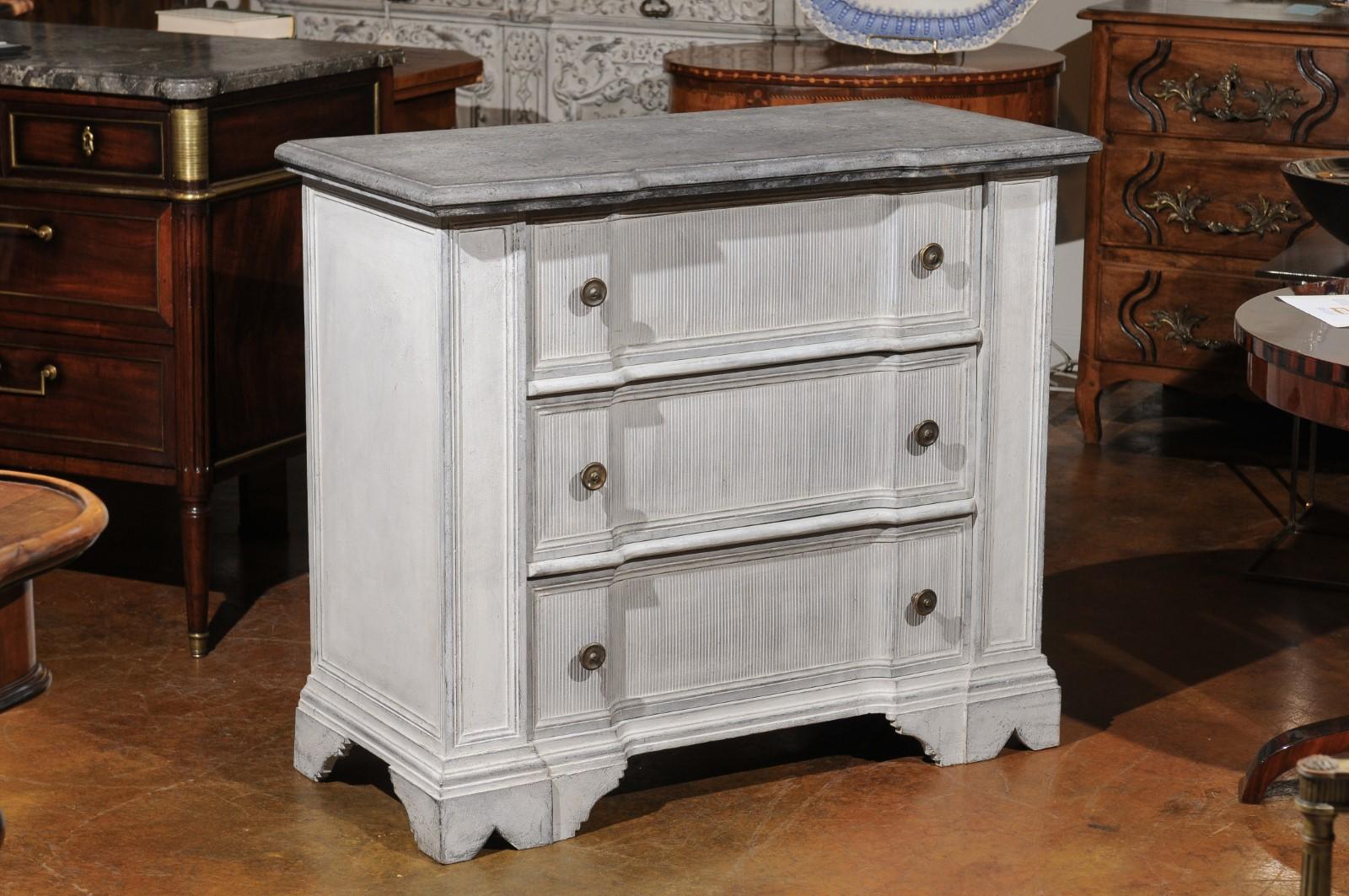 Belgian 19th Century Painted and Carved Three-Drawer Chest with Reeded Accents In Good Condition In Atlanta, GA