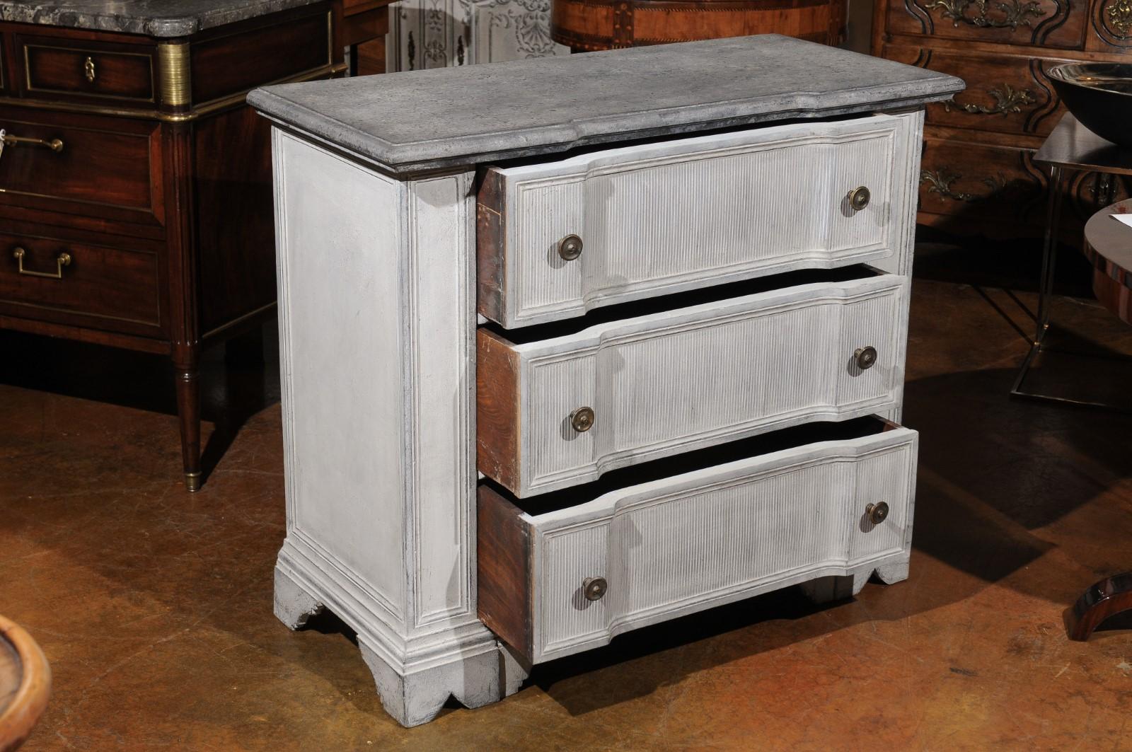 Belgian 19th Century Painted and Carved Three-Drawer Chest with Reeded Accents 1
