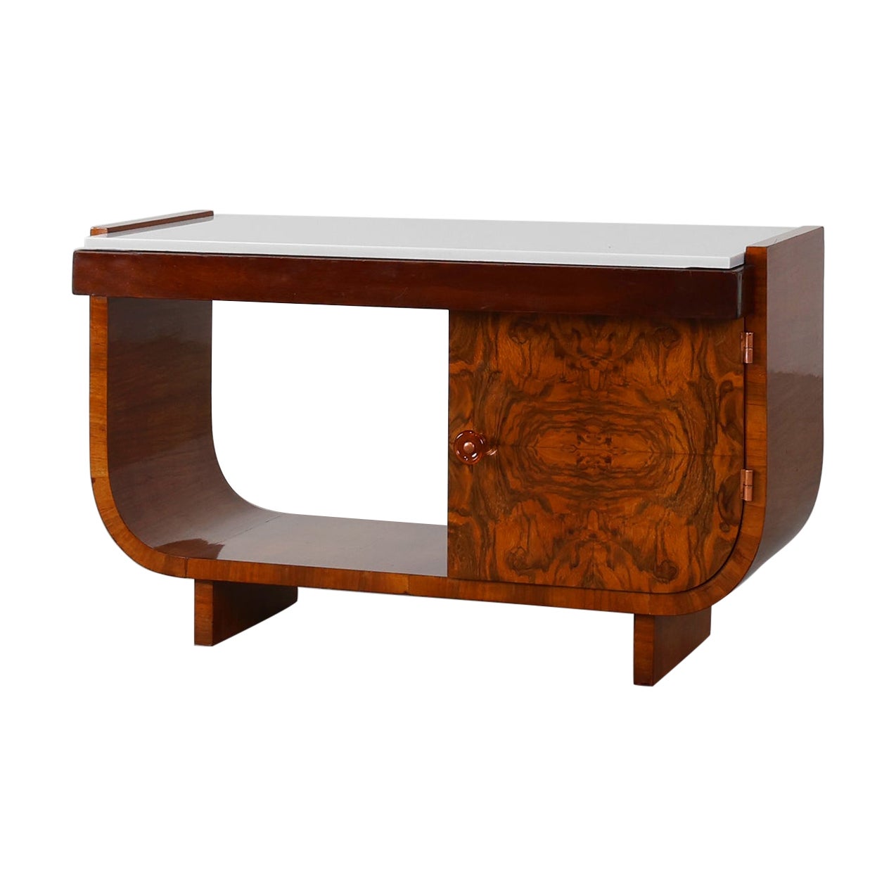 Belgian Art Deco Cabinet in Burl Veneer with Marble and Glass, circa 1930