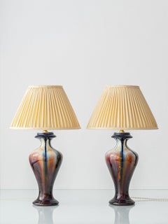 Belgian Art Deco Ceramic Table Lamps, Pair, Flambé Drip Glaze, New Silk Shades