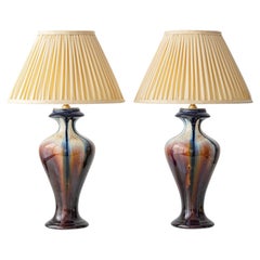 Belgian Art Deco Ceramic Table Lamps, Pair, Flambé Drip Glaze, New Silk Shades