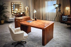 Belgian Art Deco Desk in Walnut Burl and Walnut with Leather Top, Circa 1930